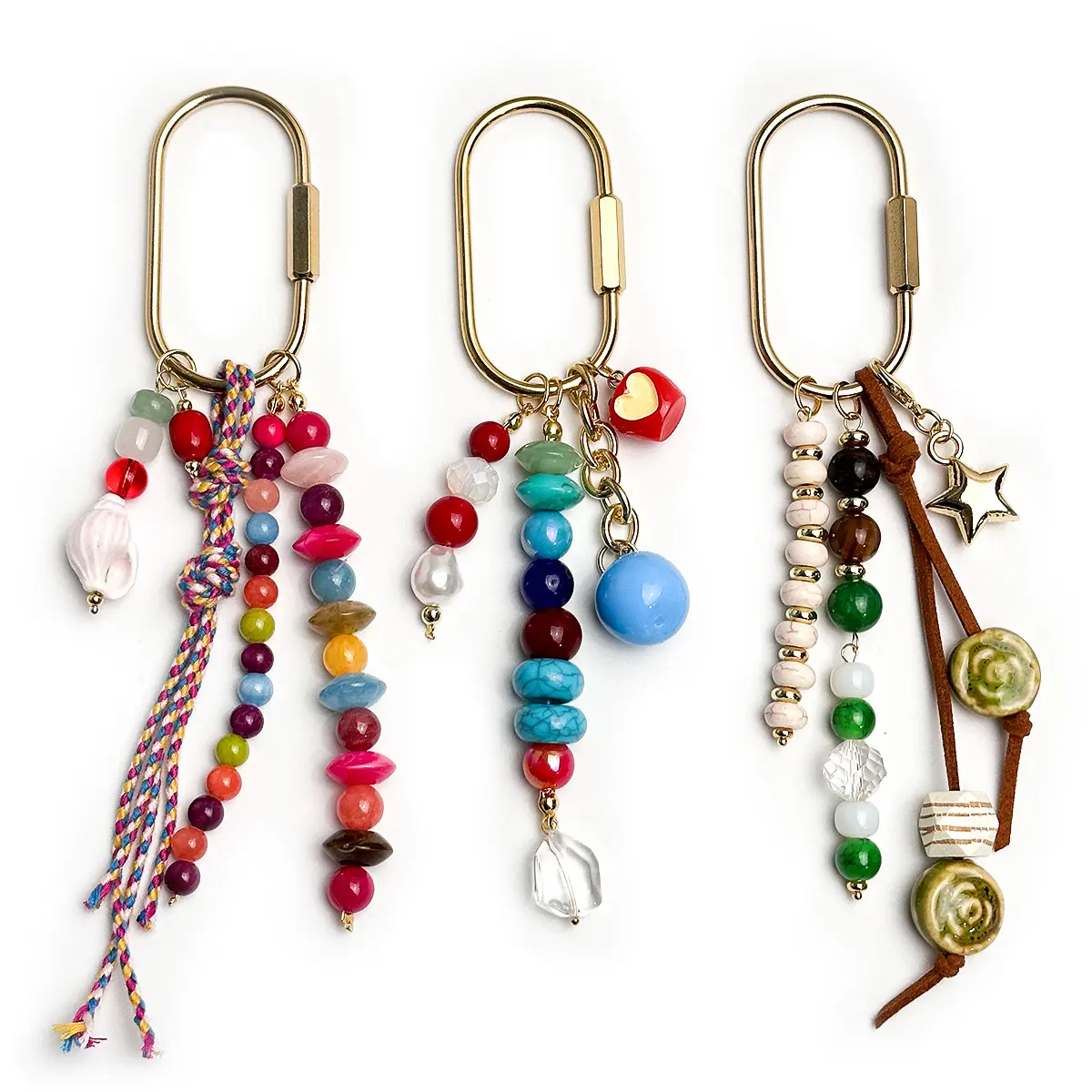 Boho Turquoise Stone Keychain for Women, Multi-Strand Bag Charm with Leather Tassel, Shell Pearl & Gold Carabiner Clip for Outdoor Adventure, Bohemian Look, Colorful Mix, Female Charm