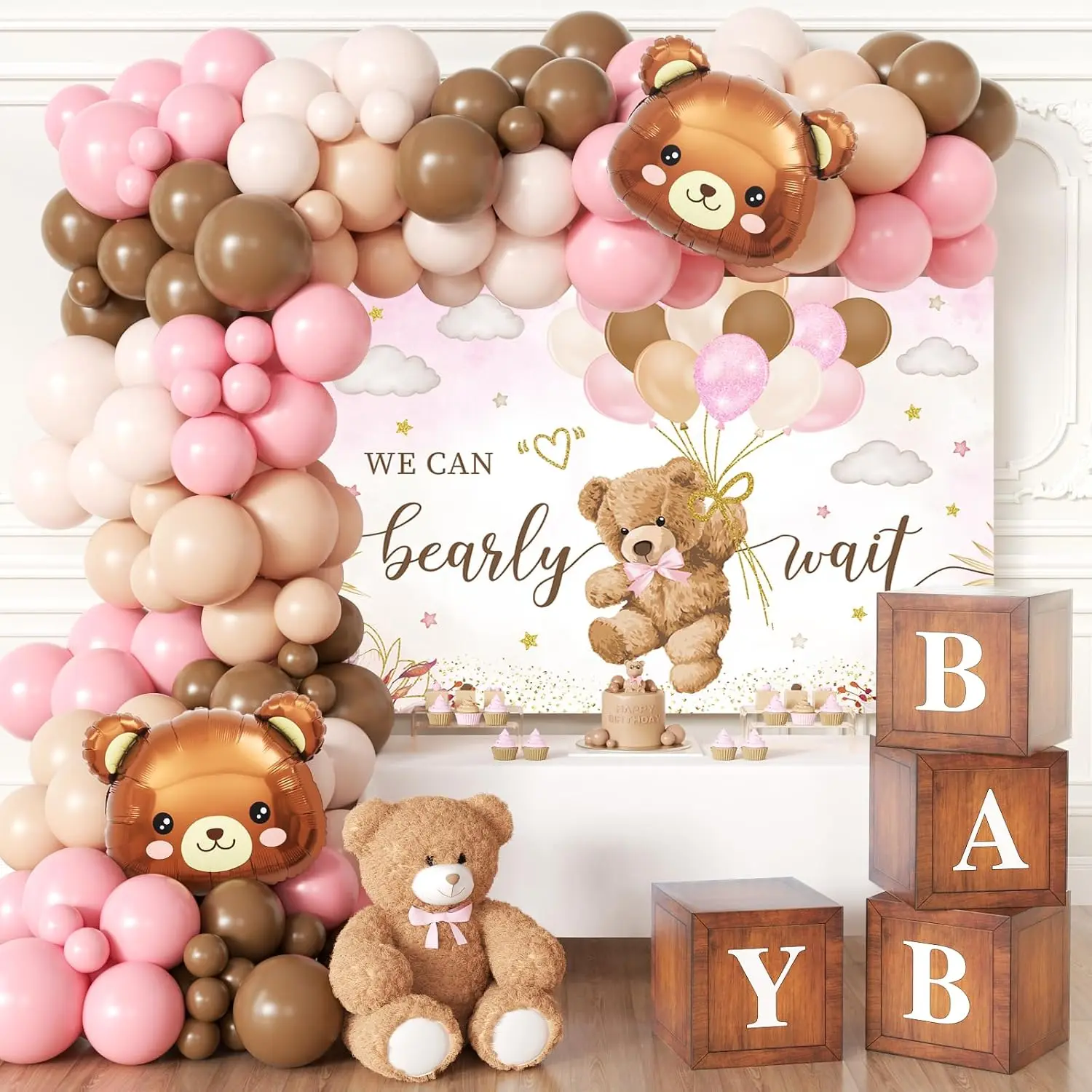 Baby Shower Decorations for Girl, 134pcs Bearly Wait Baby Shower Decorations with Pink Brown Balloon Arch Kit, Backdrop, Wood Grain Baby Boxes for Baby Girl Shower Decor