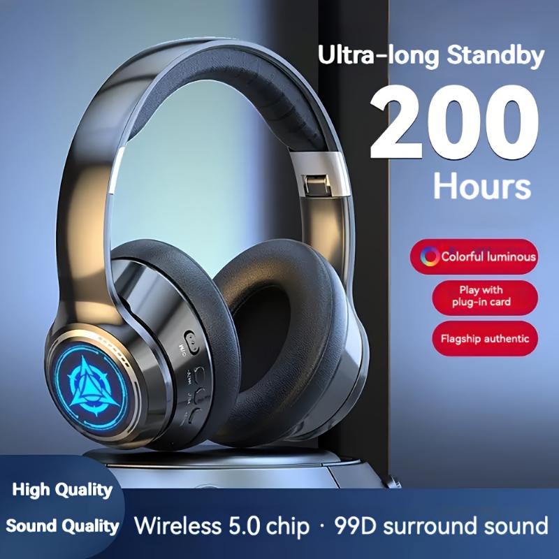 Extra-long Standby 200 Hours Gaming Headset, With LED Lights, Wireless 5.0 Chip, 99D Surround Sound, Noise-cancelling Voice, Push Button Volume Control, Type-C Plug, Rechargeable Lithium Polymer Battery, Mobile Phone Compatible, Video Game