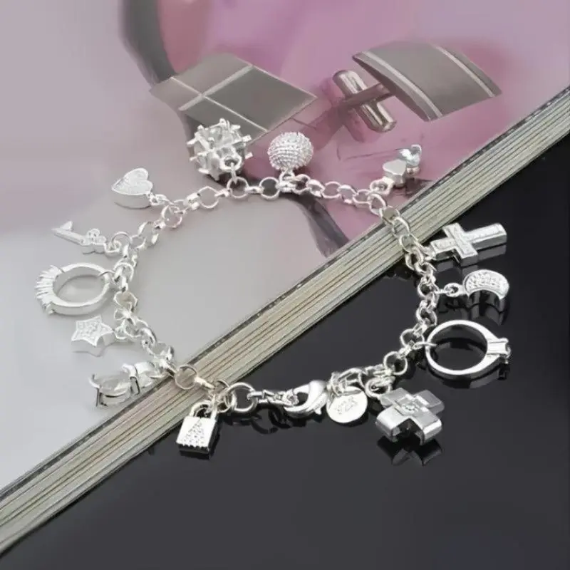 Women's Bohemian Cuban Link Charm Bracelet - Rhinestone Decor Bangles with Heart Key and 13 Handmade Pendants, Female, Boho Chic Aesthetic, Boho Chic Outfits, Handmade Charms, Bohemian Cuban Chain, Special Events