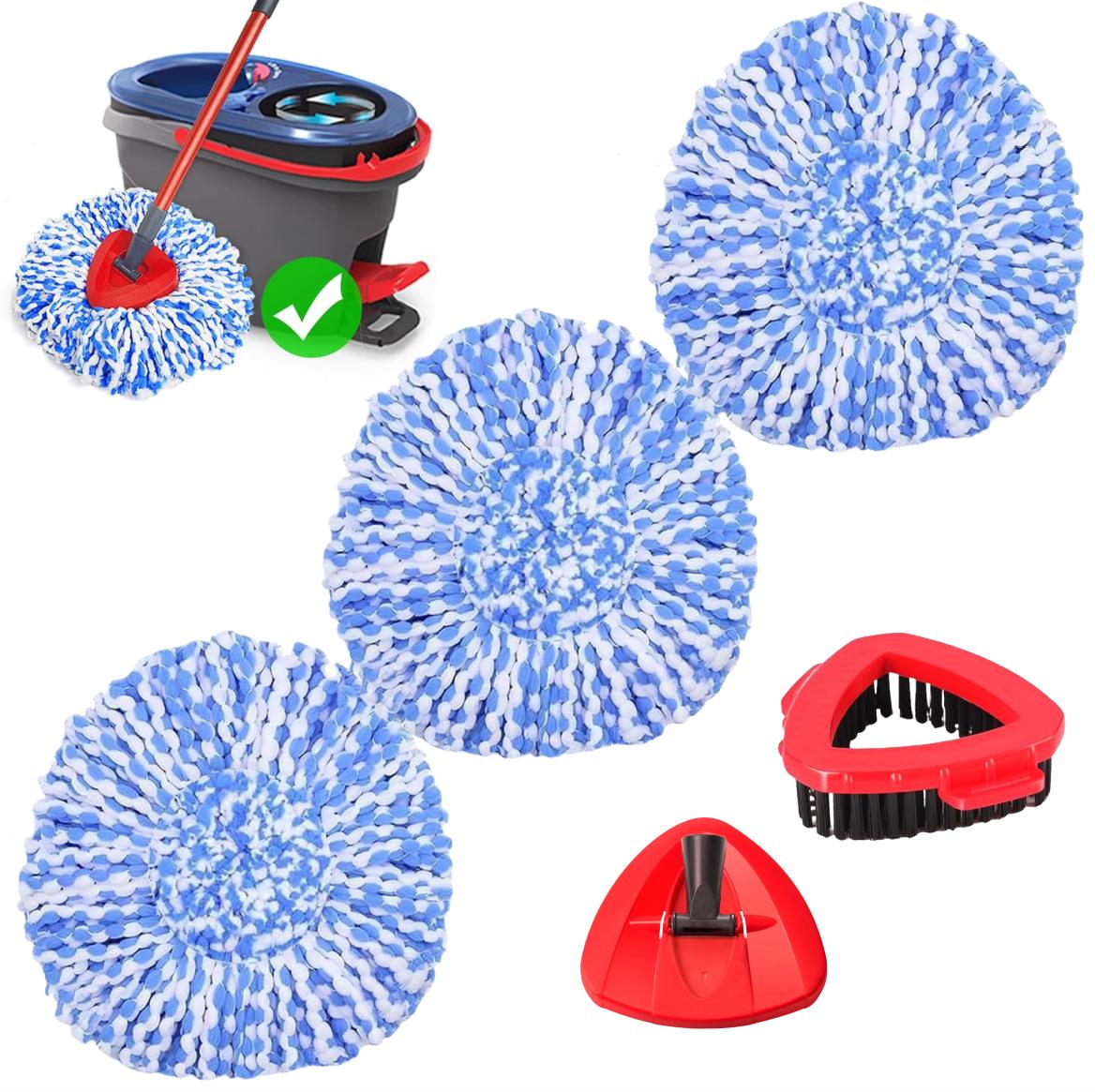 ONLY for 2-TANK SYSTEM) Spin Mop Replace Head Compatible with O-Cedar RinseClean 2 Tank, Mop Replacement Head  Base, 3 Microfiber Head Refills+1 Brush(Hide inside)+1 Base Combo Set (Blue)