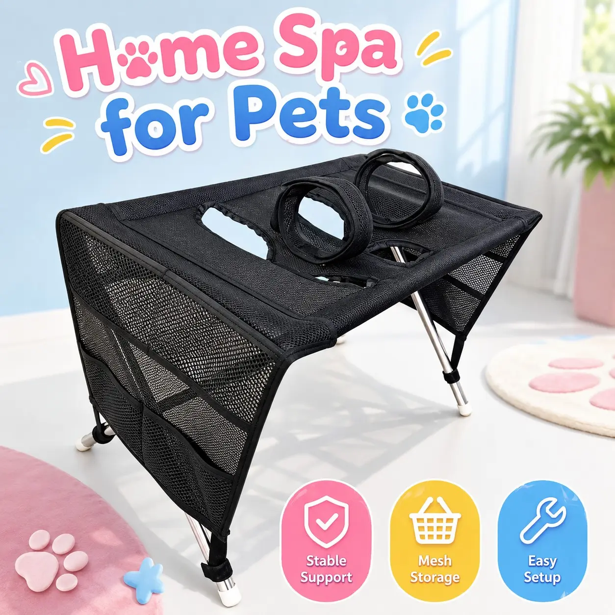 Foldable Pet Grooming Table for Dogs and Cats with Detachable Grooming Arm and Hammock, Portable Home Pet Care Station for Hair Trimming Nail Clipping Supplies