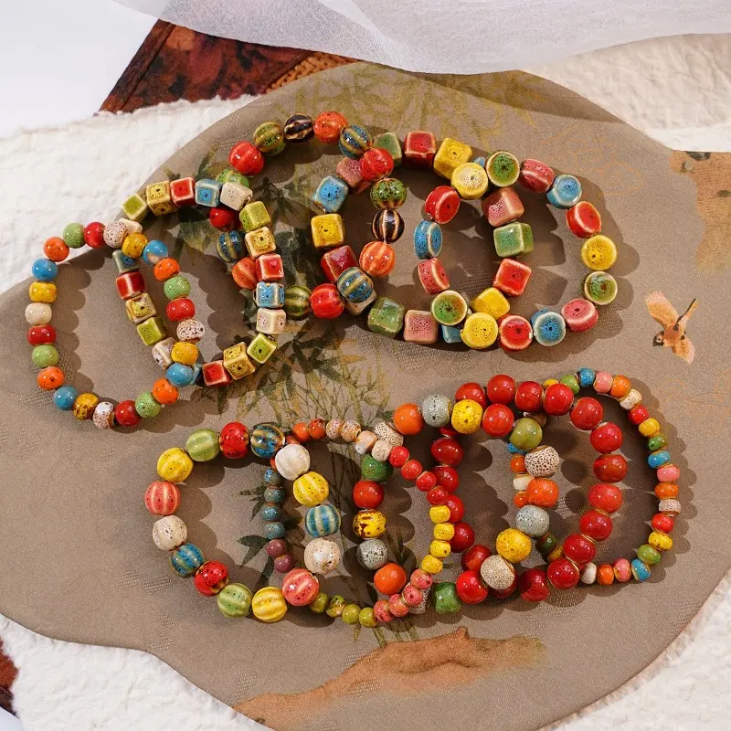 9Pcs Boho Handmade Ceramic Beaded Bracelet, Women Men Vintage Ceramic Beads Bracelet Bangles, Featuring Variations In Shape And Color, With Patterns And Color Placements