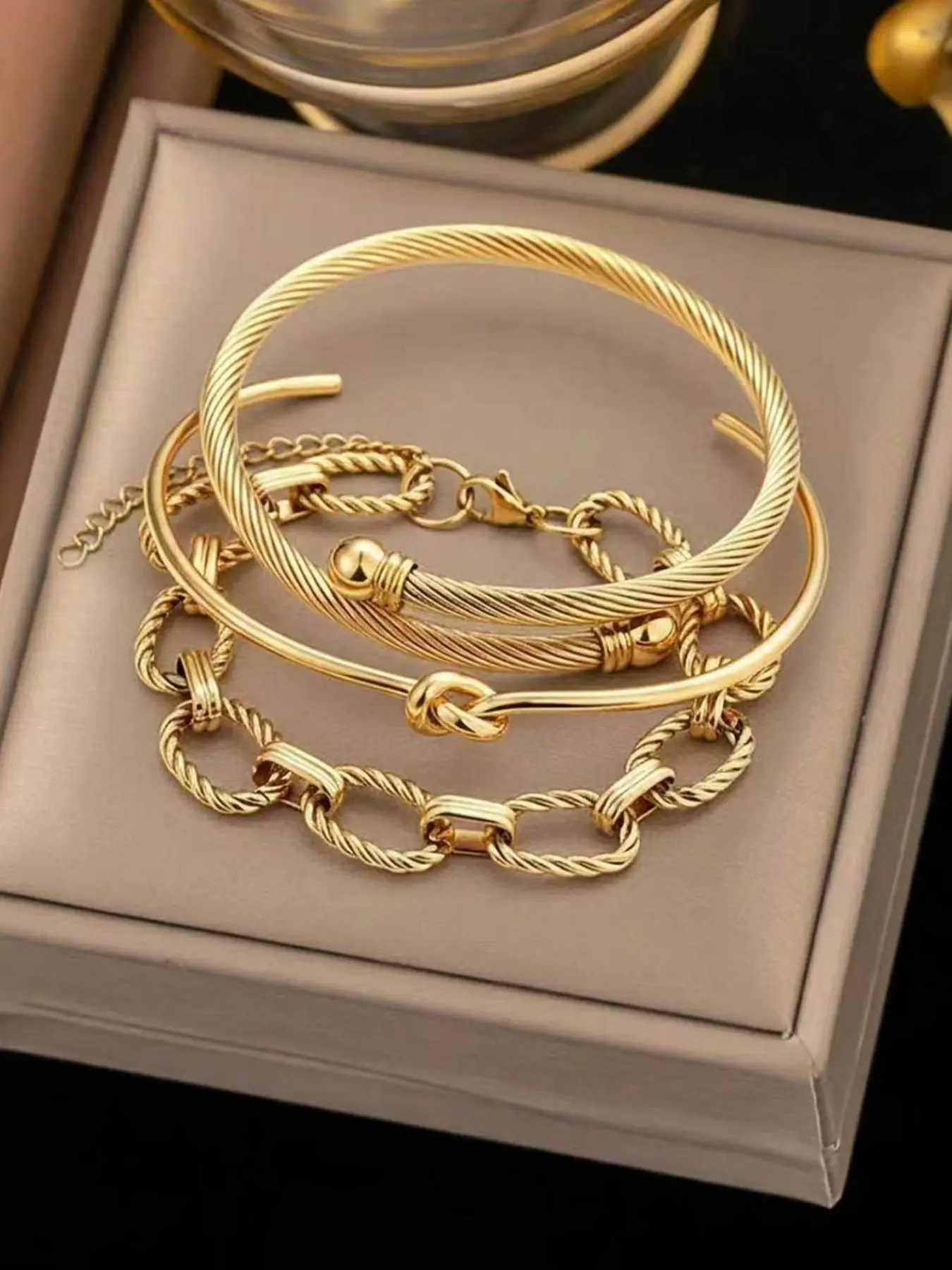 3pcs Stainless Steel Bangle Bracelet Set For Women, Adjustable Open Design With Twisted Rope & Chain Elements, Luxury European Style, Gold Color, Suitable For Daily, Dating, Vacation, Valentine's Day/Christmas Gift