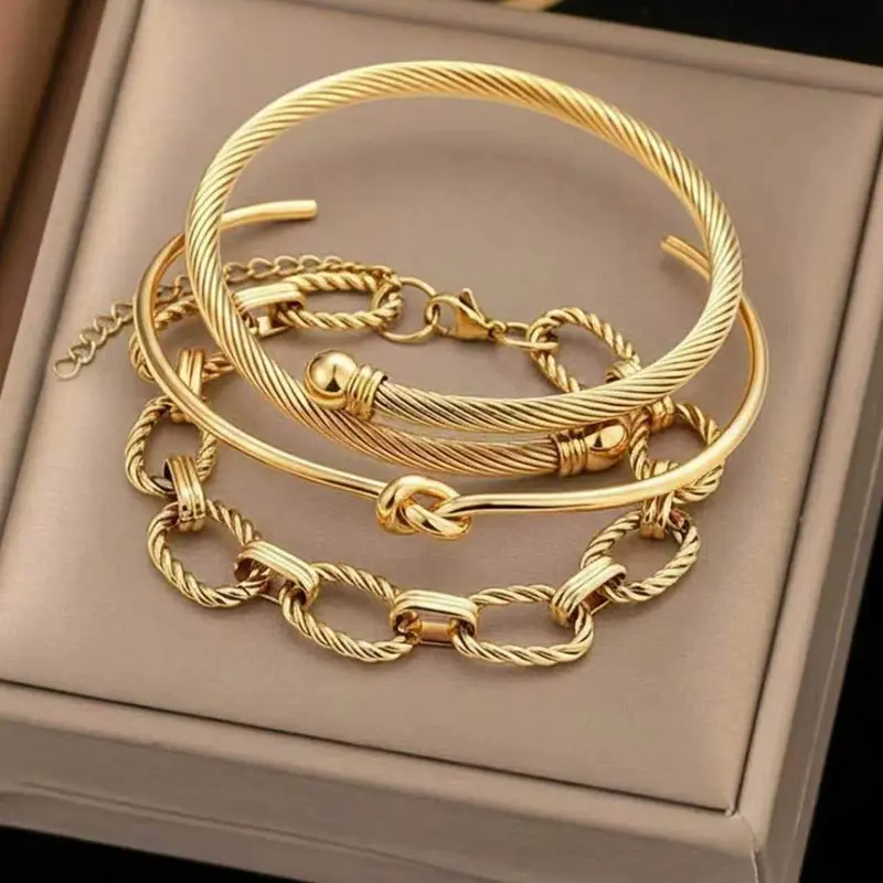 3pcs Stainless Steel Bangle Bracelet Combination Set For Women, Adjustable Open Design With Twisted Rope & Chain Elements, Luxury European Style, Gold Color, Suitable For Daily, Dating, Vacation, Valentine's Day/Christmas Gift