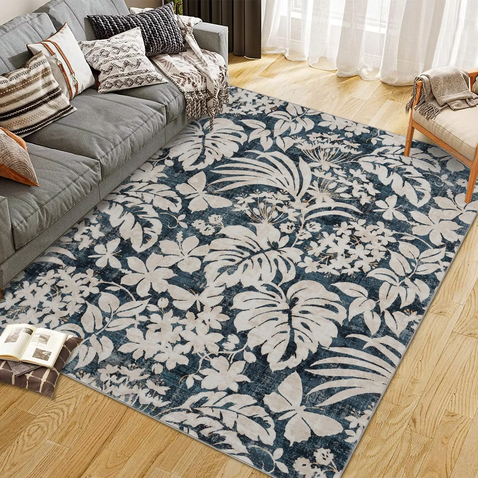 Garvee 10'x13' Botanical Floral Leaf Printed Area Rug with Non-Slip Backing, Stain-Resistant Indoor Carpet for Living Room, Bedroom, Kitchen in Blue and Green Options