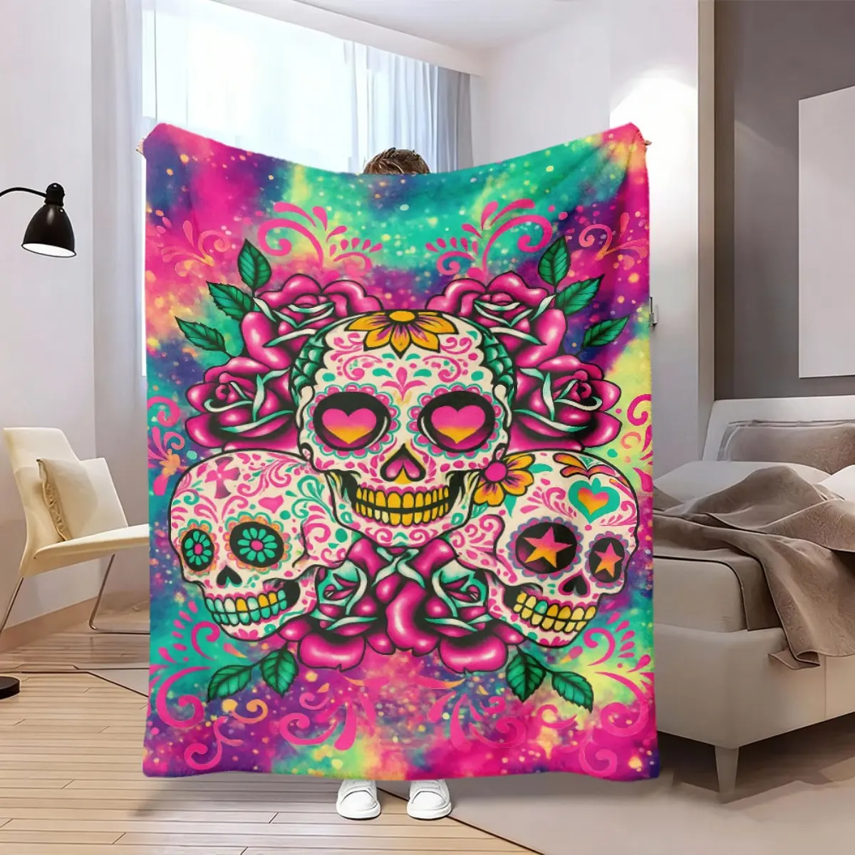 2026 New Super Soft Plush Blanket Mexican Sugar Skull Gothic Bohemian Style Turquoise Pink Purple Black Seasonless Luxury Bedspread for Sofa Bed Travel Camping
