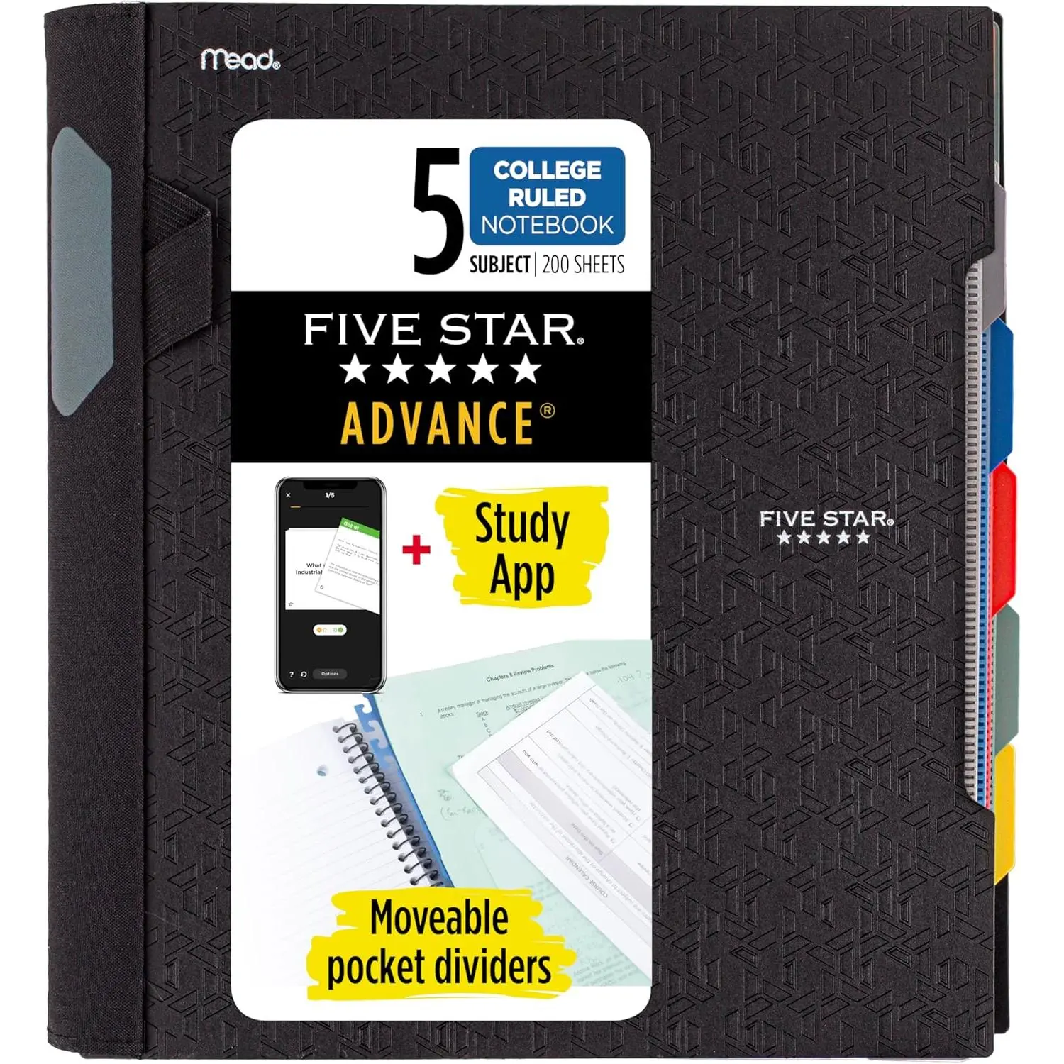 Five Star Advance Spiral Notebook + Study App, 5 Subject, College Ruled Paper, 8-1/2" x 11", 200 Sheets, Spiral Guard, Movable Tabbed Dividers, Black (73144)