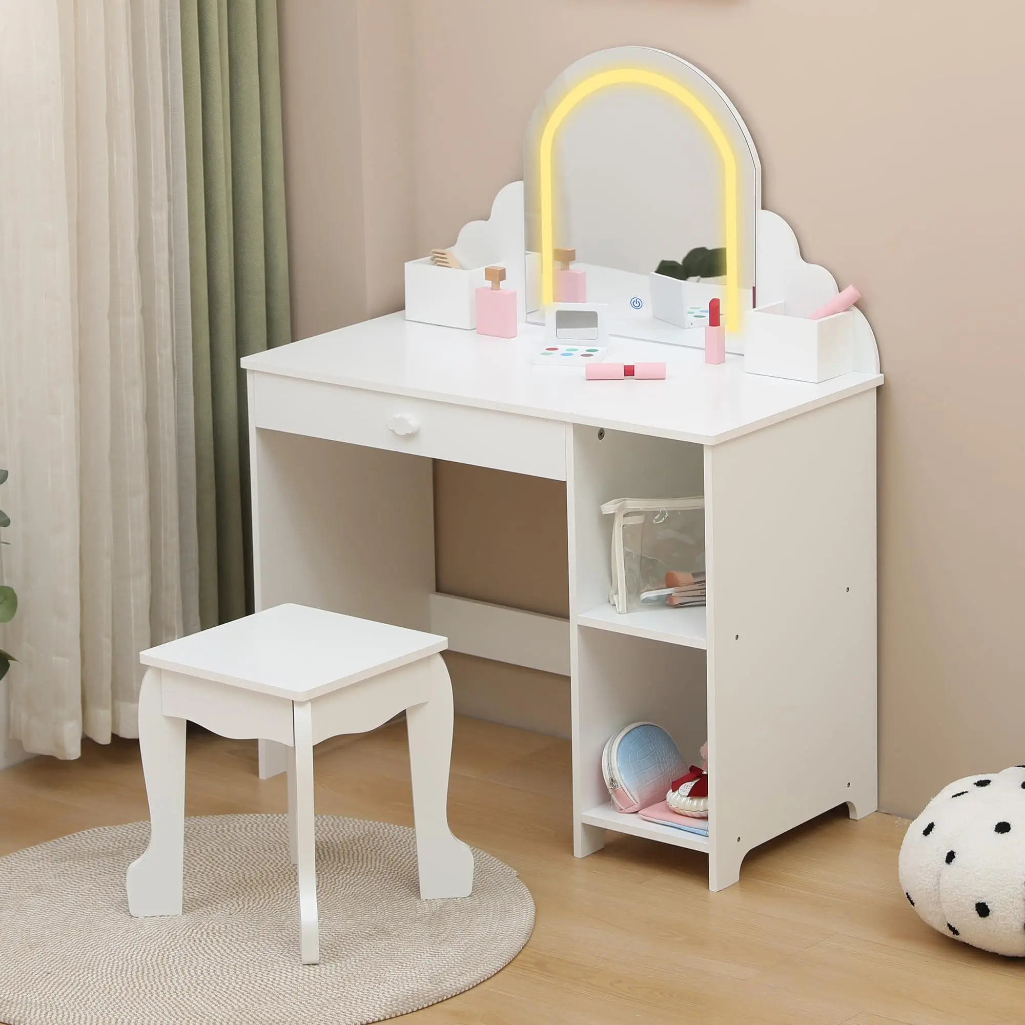 Garvee Vanity Set with Illuminated Mirror and Adjustable LED Light, Wooden Makeup Table with Storage Drawer and Shelves, Includes Stool, Suitable for Ages 3 to 9, White Color