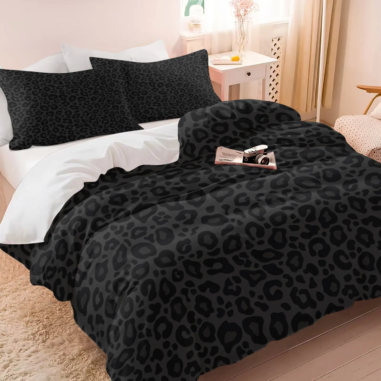 2/3Pcs Black Leopard Print Duvet Cover Set, Modern Gothic Aesthetic Bedding Set, Comfy Bedding Sets, Soft Breathable Microfiber Comforter Cover with Zipper & Corner Ties, Bed Set for Teen Bedroom Dorm Decor, No Included