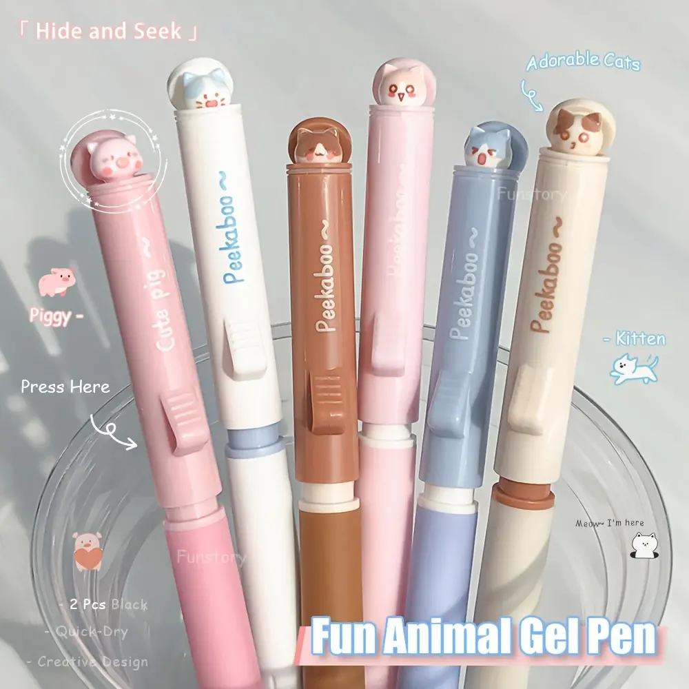 2 fun hide-and-seek neutral pens 0.5mm flip design cute animal quick-drying pen, simple style learning & office black pen, kitten, piggy
