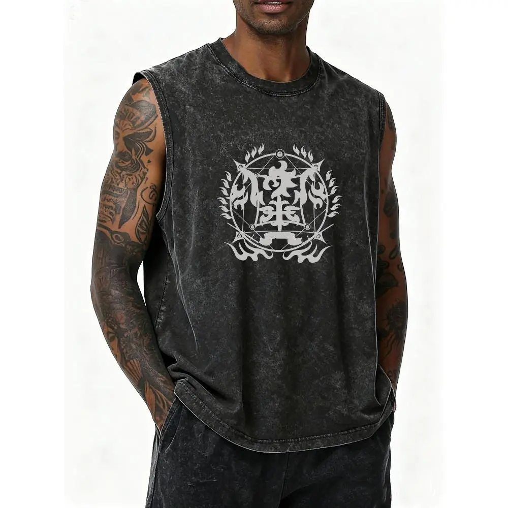Casual Men'S Vest, Vintage Washed Fashion Print, Retro Plus-Size Washed Vest, Street Fashion Trend For 2026, Plus Size