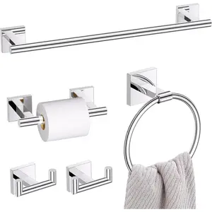Polished Chrome Bathroom Hardware Set, 5- Bath Towel Bar Set with 23.6" Towel Bar, Towel Ring, Toilet Paper Holder, Two Hooks, SUS304 Towel Racks for Bathroom Wall Mounted