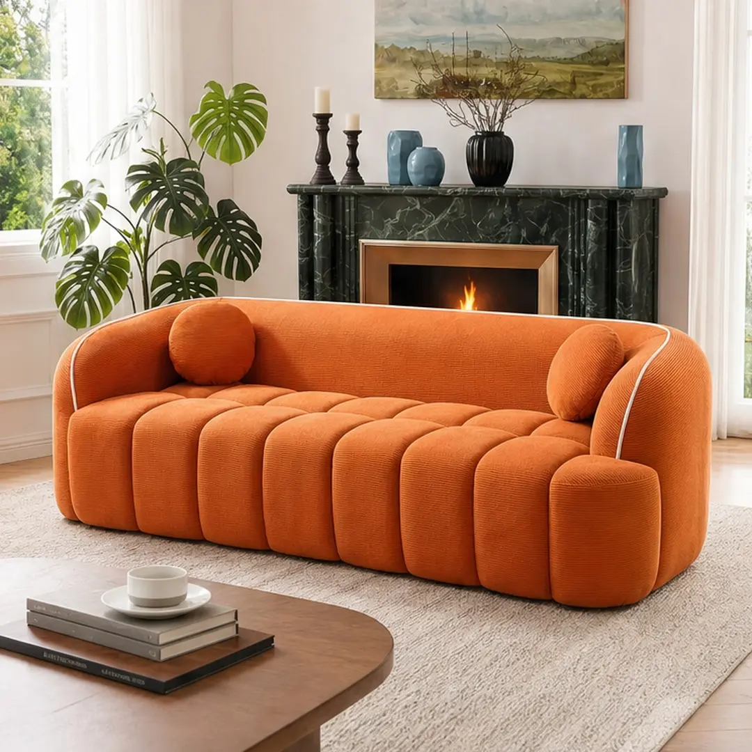 ARCH 98.4" Modern 3-Seater Corduroy Cloud Comfy Couch - Bubble Channel Tufted, Pill-Resist. Durable Material, Space Saving, No Assembly, Deep Seat with 2 Pillows, Unboxing Ready for Living Room, Office (Camel/Orange/White) | Dorm Essential, Home Decor