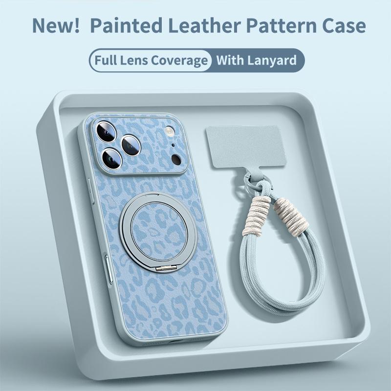 Phone Case - Leopard Pattern Phone Case for Iphone 17 Pro Max Faux Leather Pattern Phone Case 13 Equipped with a Rotating Bracket for Iphone 14  15Pro with Lanyard 17 iphone 12 Custom Monogram Striped Pink wildflower junk lurvia tripod 360 rotation