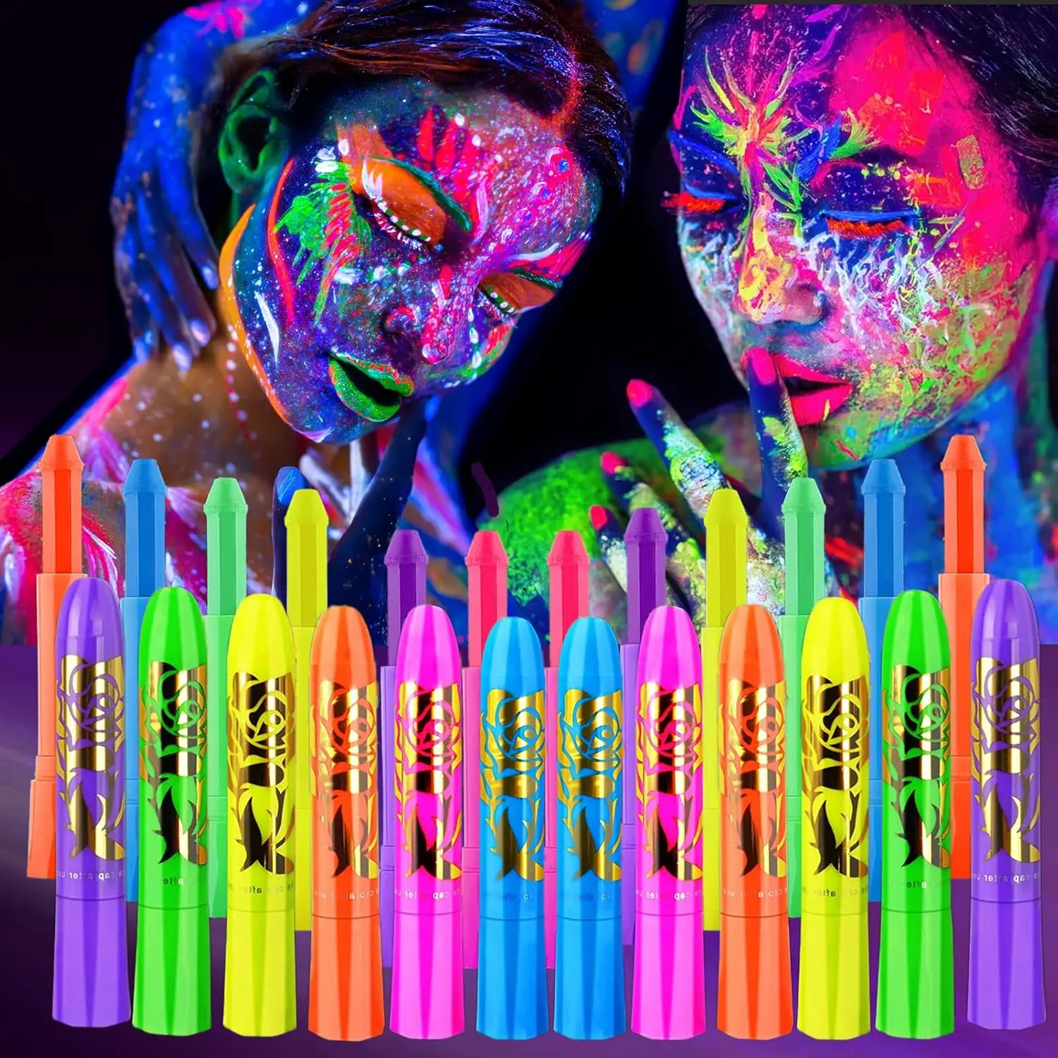 12 PCS Glow Face Body Paint, Glow In The Dark Under UV Black Light Sticks Makeup Neon Face Painting Kits for Adult Halloween Festival Accessory Glow Party Suppliesfidget toys