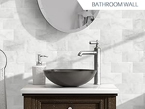 40-Sheet Subway Peel and Stick Natural Stone Self Tiles, 6" x 3" Stick on Backsplash for Fireplace, Carrara White