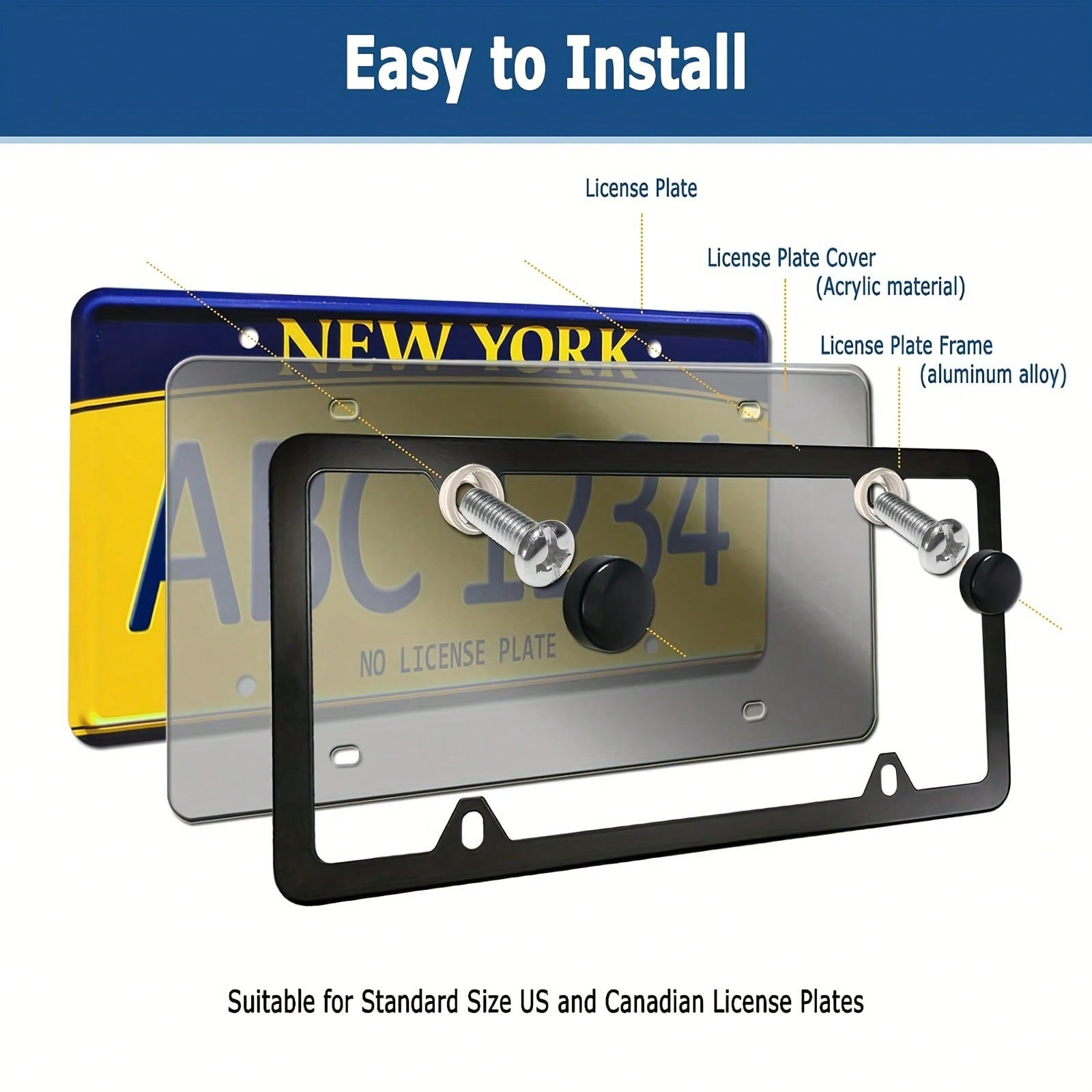 2pcs Universal License Plate Cover Frame - Aluminum Frame Holder Durable Weather, Resistant Rust, Proof w/Screws & Caps,Easy Installation(FS)