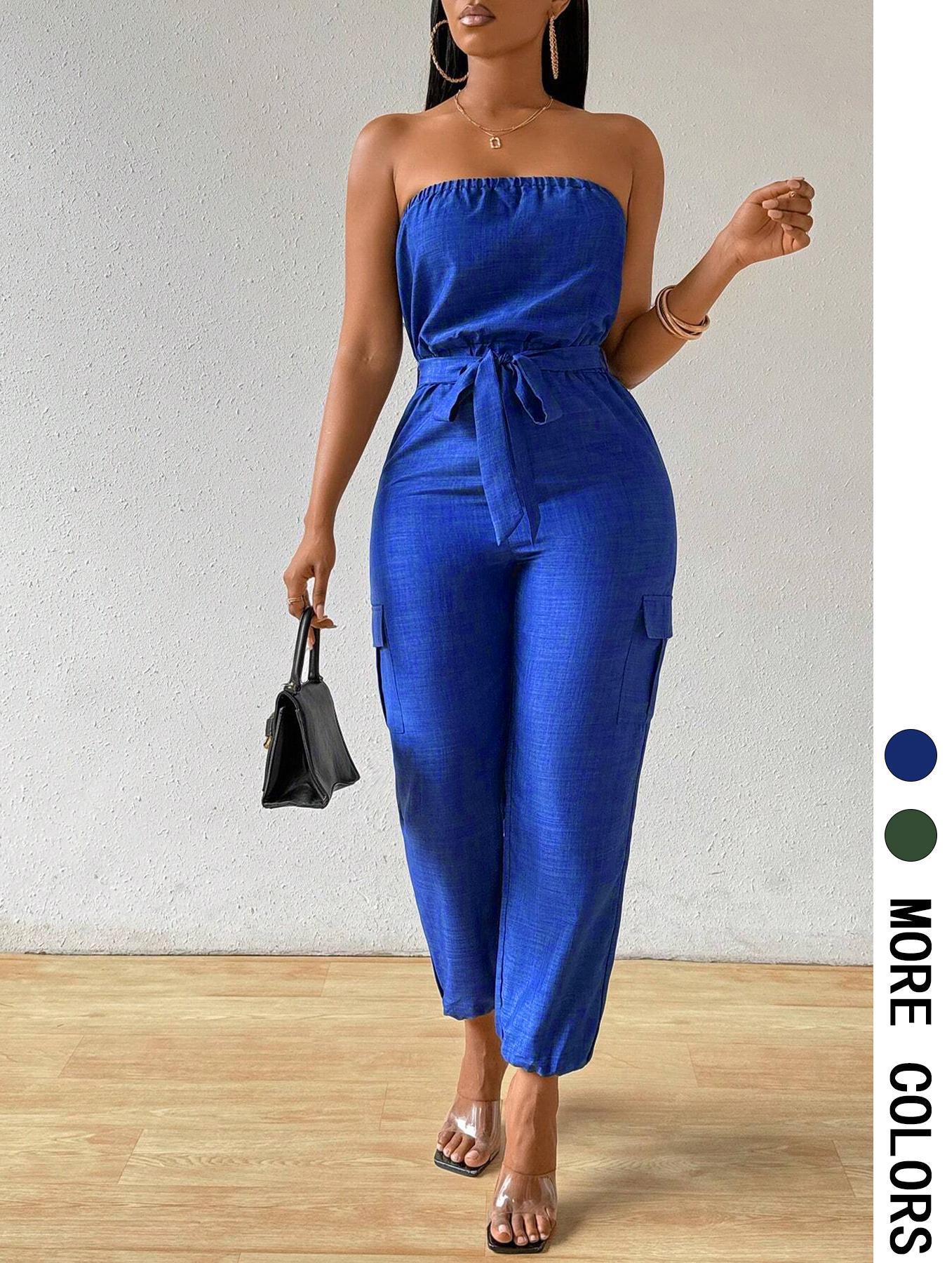 Women's Solid   Belted  Fitted Tube Jumpsuit, Casual  Jumpsuit for Summer, Women's Jumpsuit for Daily Wear
