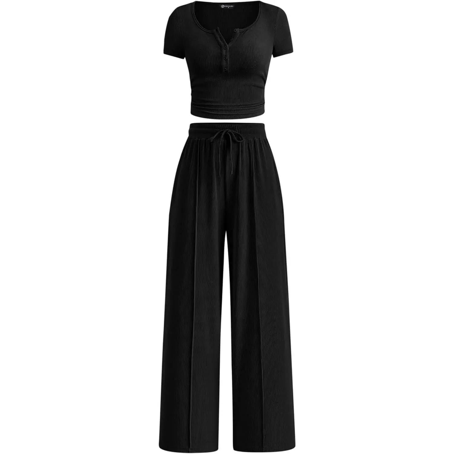 Women's 2-Piece Ribbed Knit Lounge Tracksuit - Short Sleeve Button Top, Wide Leg Slim Drape Basic Sweatpants, Summer 2026 Casual Womenswear Set