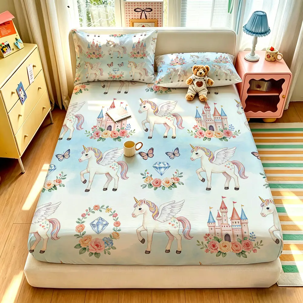 3‑Piece Digital‑Printed Bedding Set,Dreamy Unicorn Castle & Floral Pattern,1 Bedspread+2 Pillowcases Without Filling,Soft Comfortable,Deep Pocket Design,Ideal Gift Choice