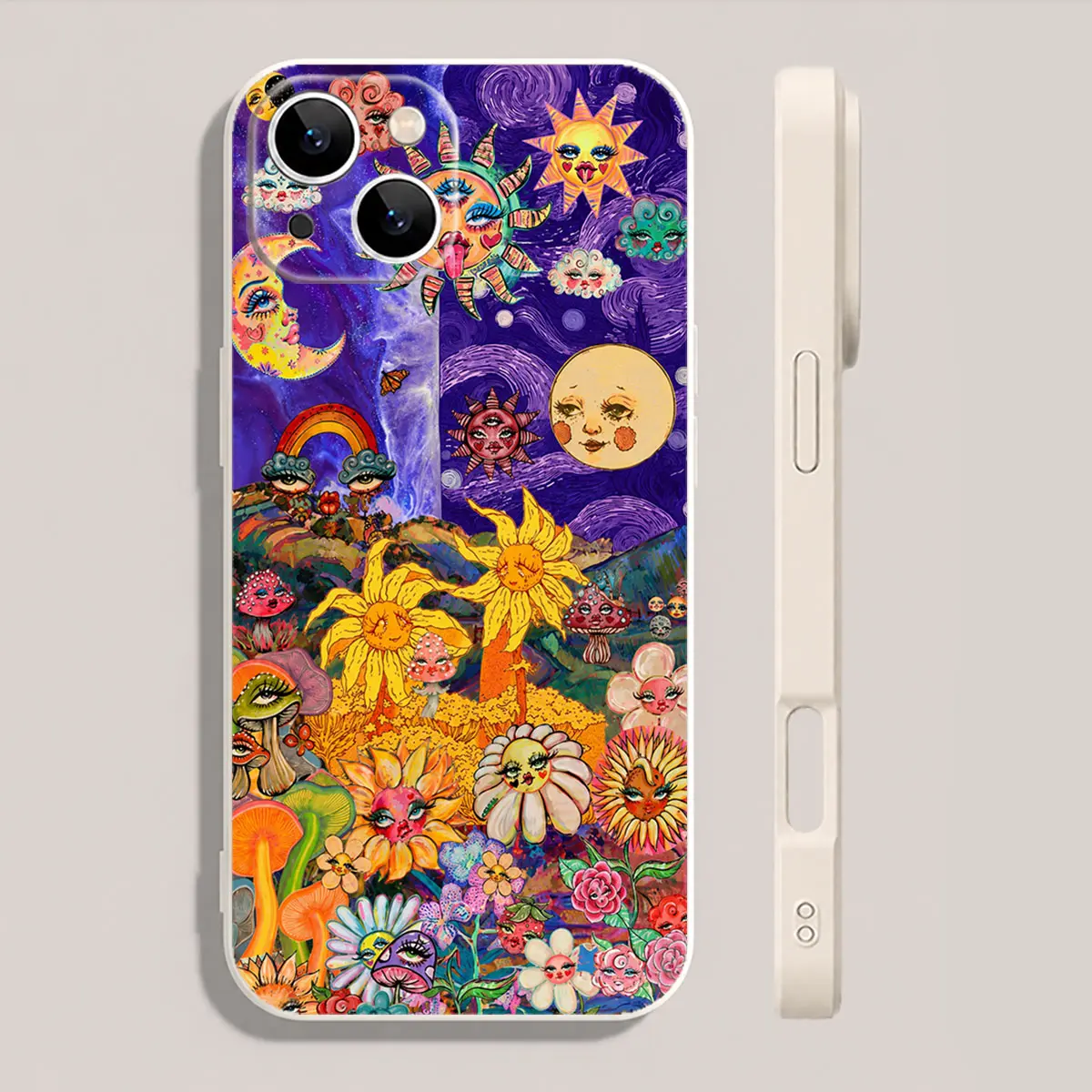 CasePop catalog image of a colorful sun, moon and flower face phone case