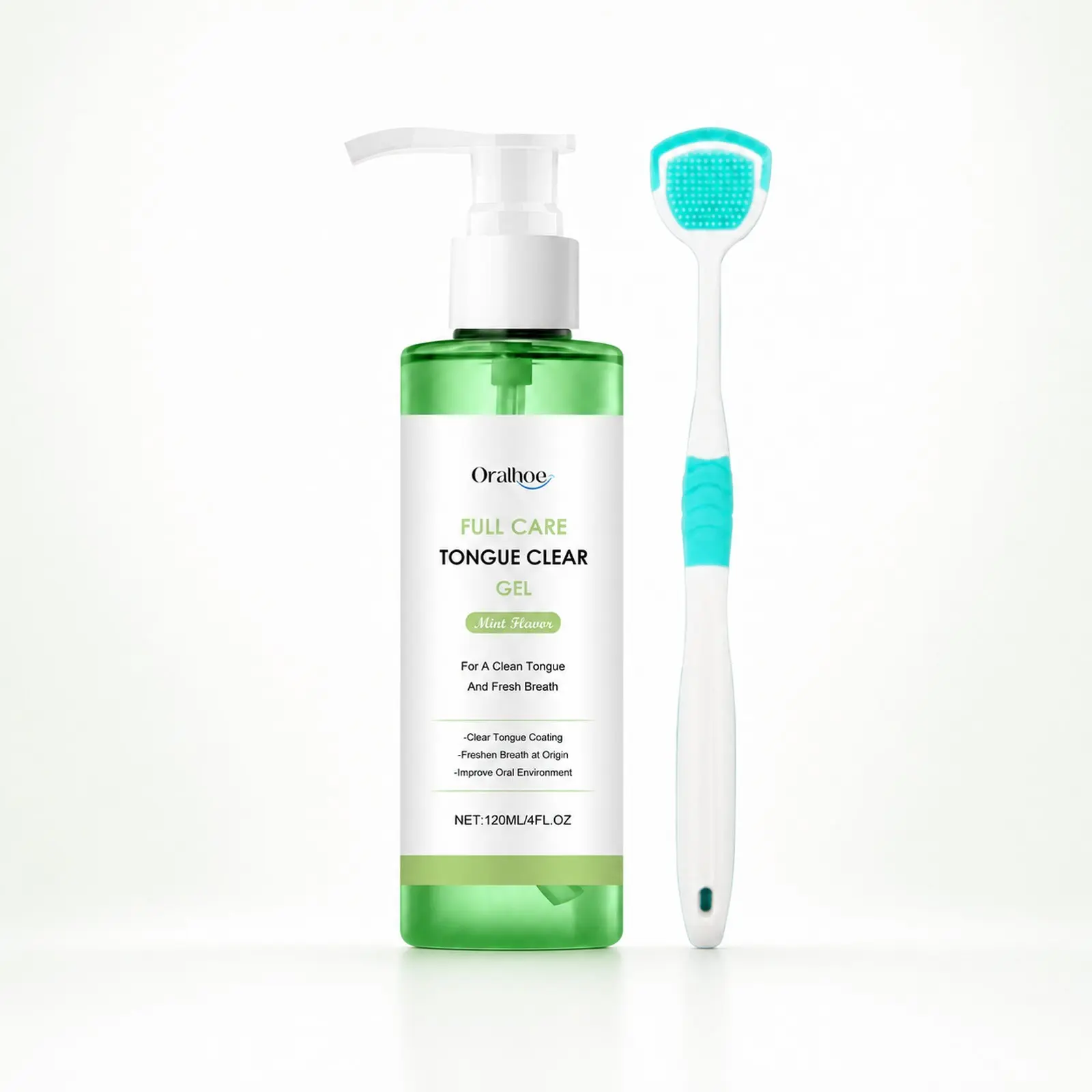 Oralhoe Full Care Oral Care Kit, Mint Flavor Tongue Clear Gel (120ml) with Tongue Scraper for Fresh Breath Daily Cleanser