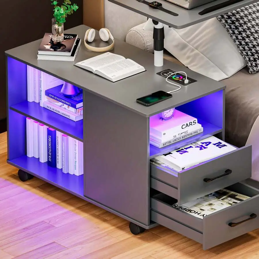 360° Rotatable LED Nightstand with Wireless Charging Station, Adjustable Bedside Table with Tray, Auto Sensor & Wheels for Bedroom Living Room