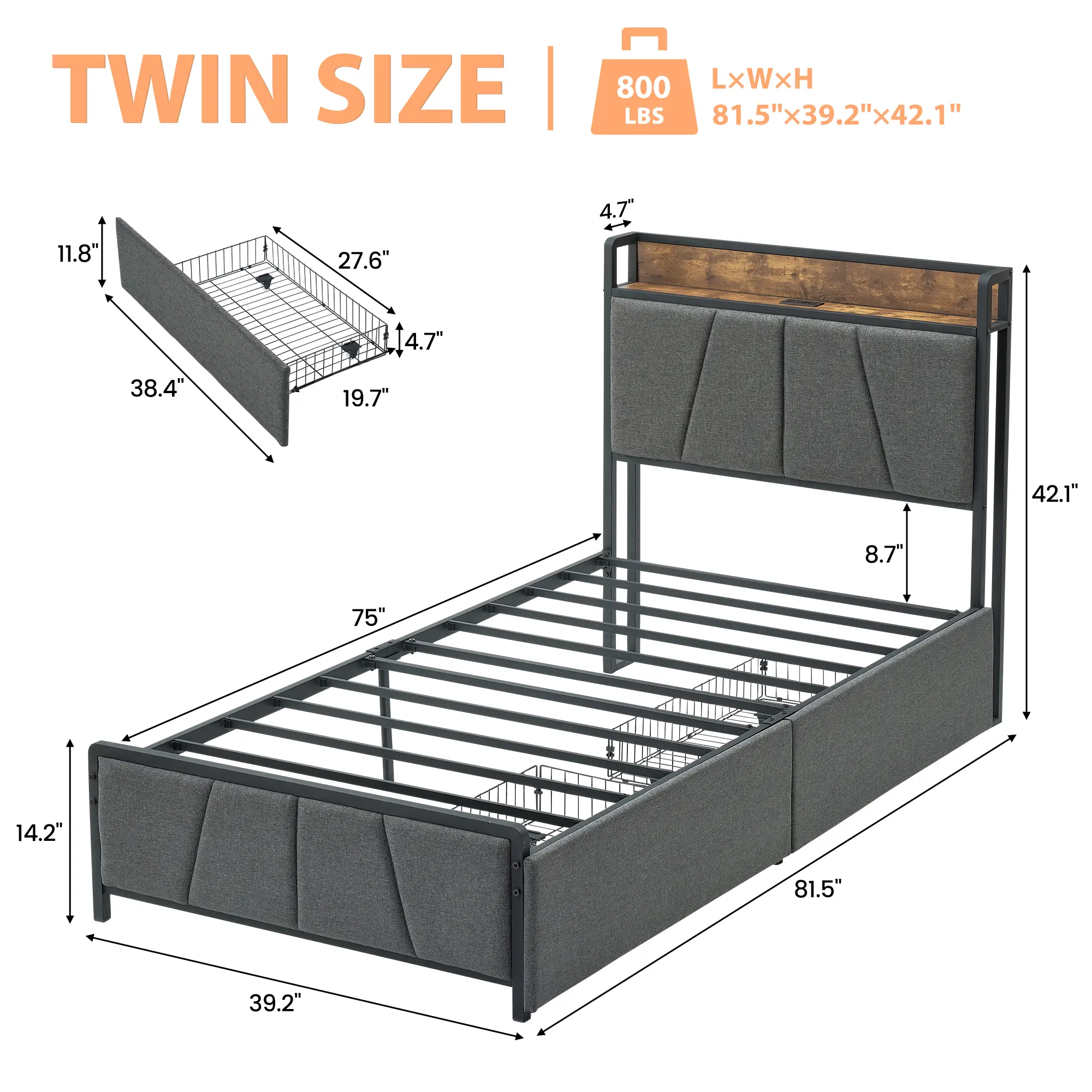 Cama tapizada en lino con cabecero de almacenaje y 2 cajones – Estación de carga y estructura resistente – Montaje fácil y silencioso – Ideal para niños y adultos – Gris y marrón