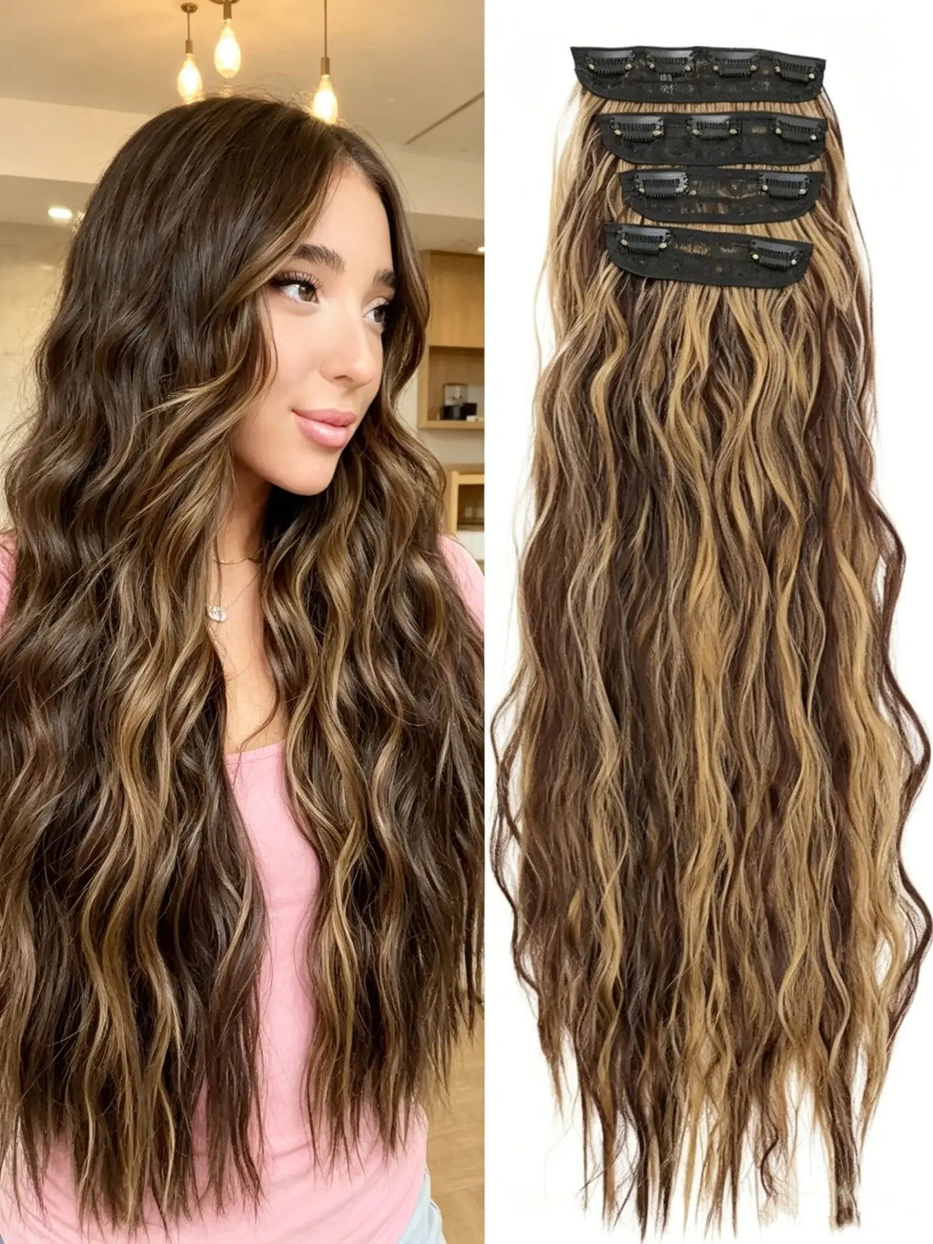 ✨ Seamless Honey Blonde Balayage Clip-In Wavy Hair Extensions | Thick Synthetic Hairpieces with Secure Clips, Instant Volume & Natural Beachy Waves!