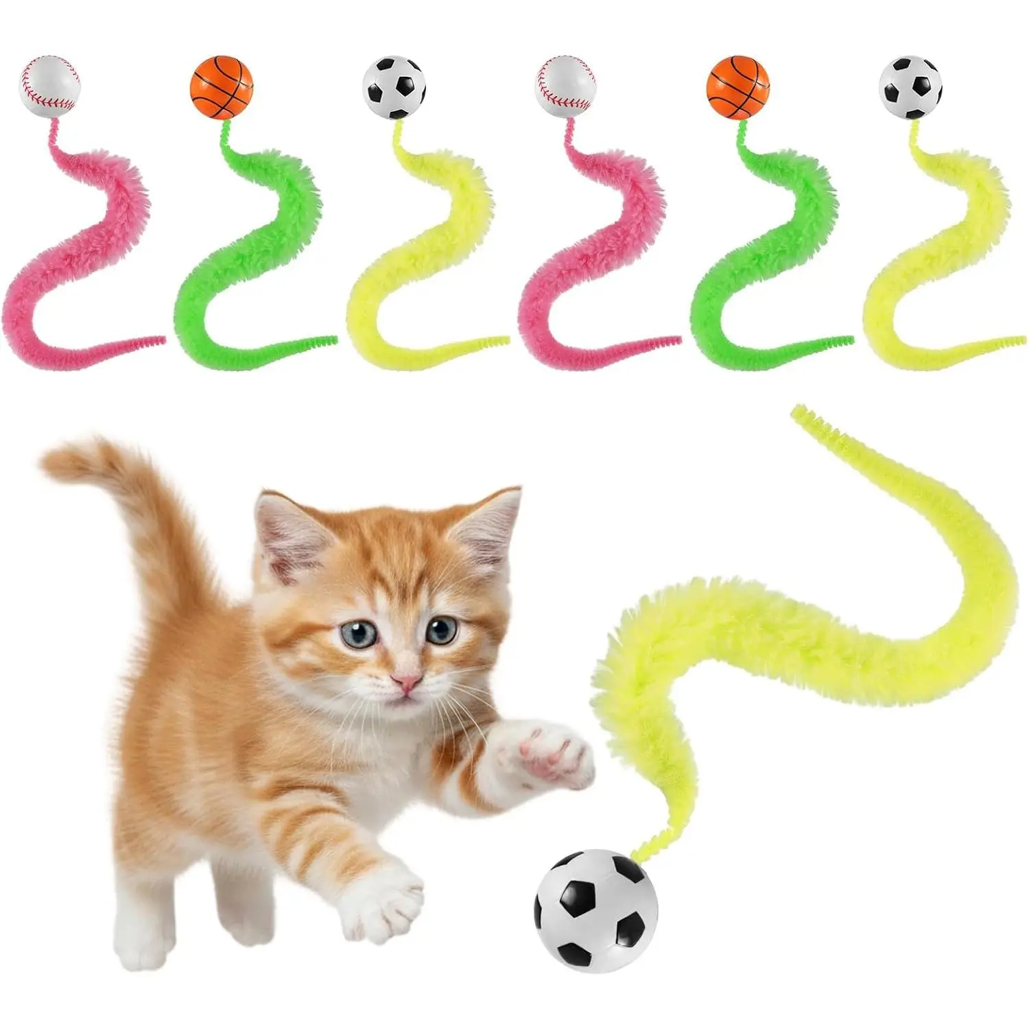 6 count Bouncy Balls for Cats Bouncy Ball with Tail  Toys Fuzzy Balls for Cats Magic Worm with Ball for  Play