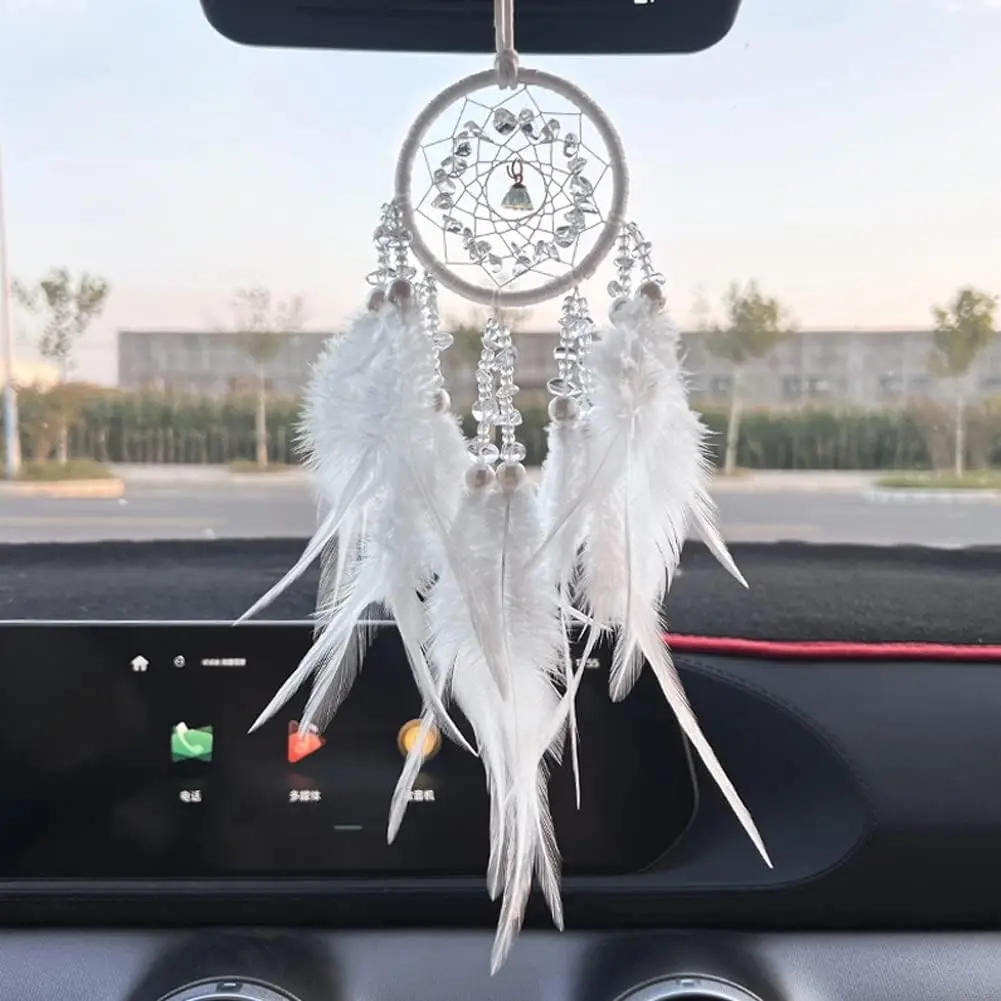 Small White Dream Catcher Hanging Ornament, Car Rearview Mirror Pendant Decor Accessories, Suitable for Car and Room Decoration