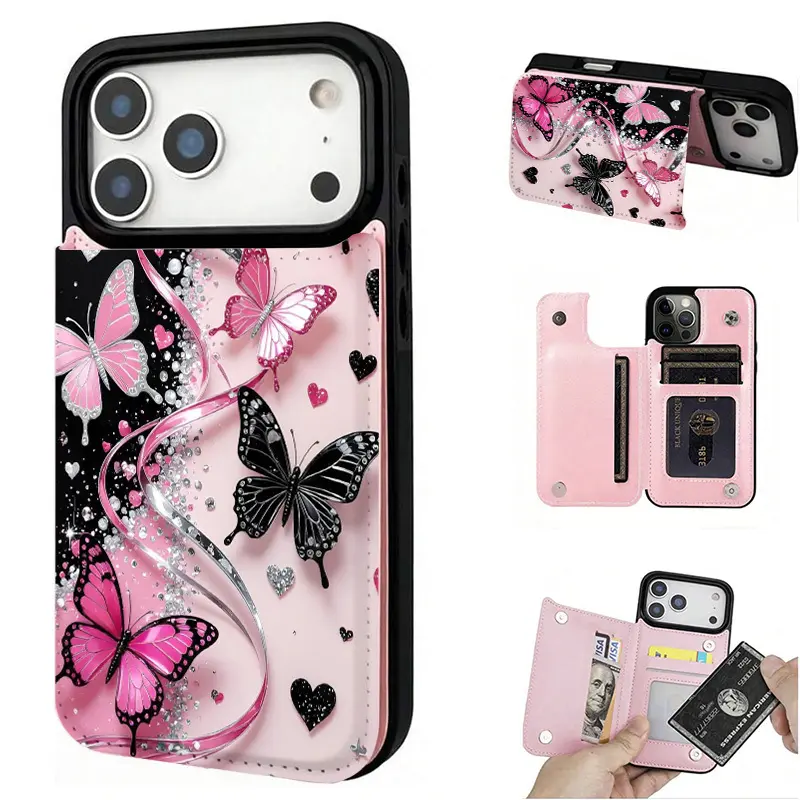 Phone Case: Black and Pink Butterfly Card Clip Wallet Phone Case, for iPhone 17 Air/16/15/14 Pro Max/Plus, with credit card slot, compatible with Galaxy S25/S24/S23 Ultra/+, stylish portable change bag soft case, anti-drop. Model: A295