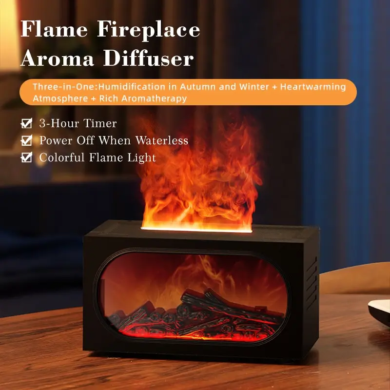 SIFOX fireplace flame air aroma humidifier diffuser, long-lasting fragrance, simulates 7 flame colors, silent essential oil diffuser, automatic power-off when out of water, suitable for office/home/car/school/yoga studio.