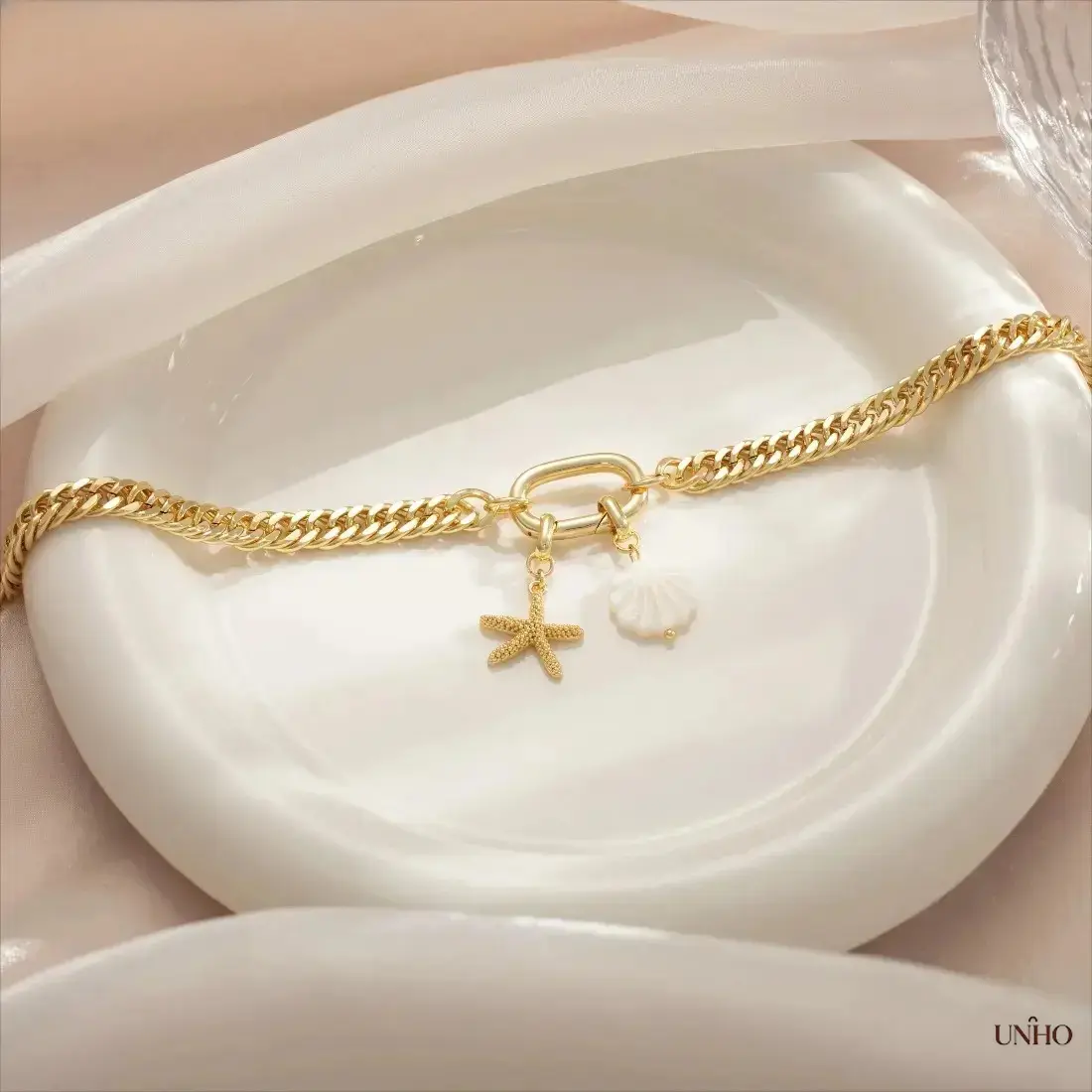Gold Plated Double Chain Cuban Anklet For Women, Faceted Link Spring Clasp Ankle Bracelet With Natural Shell & Starfish Charms, Summer Beach Fashion Jewelry