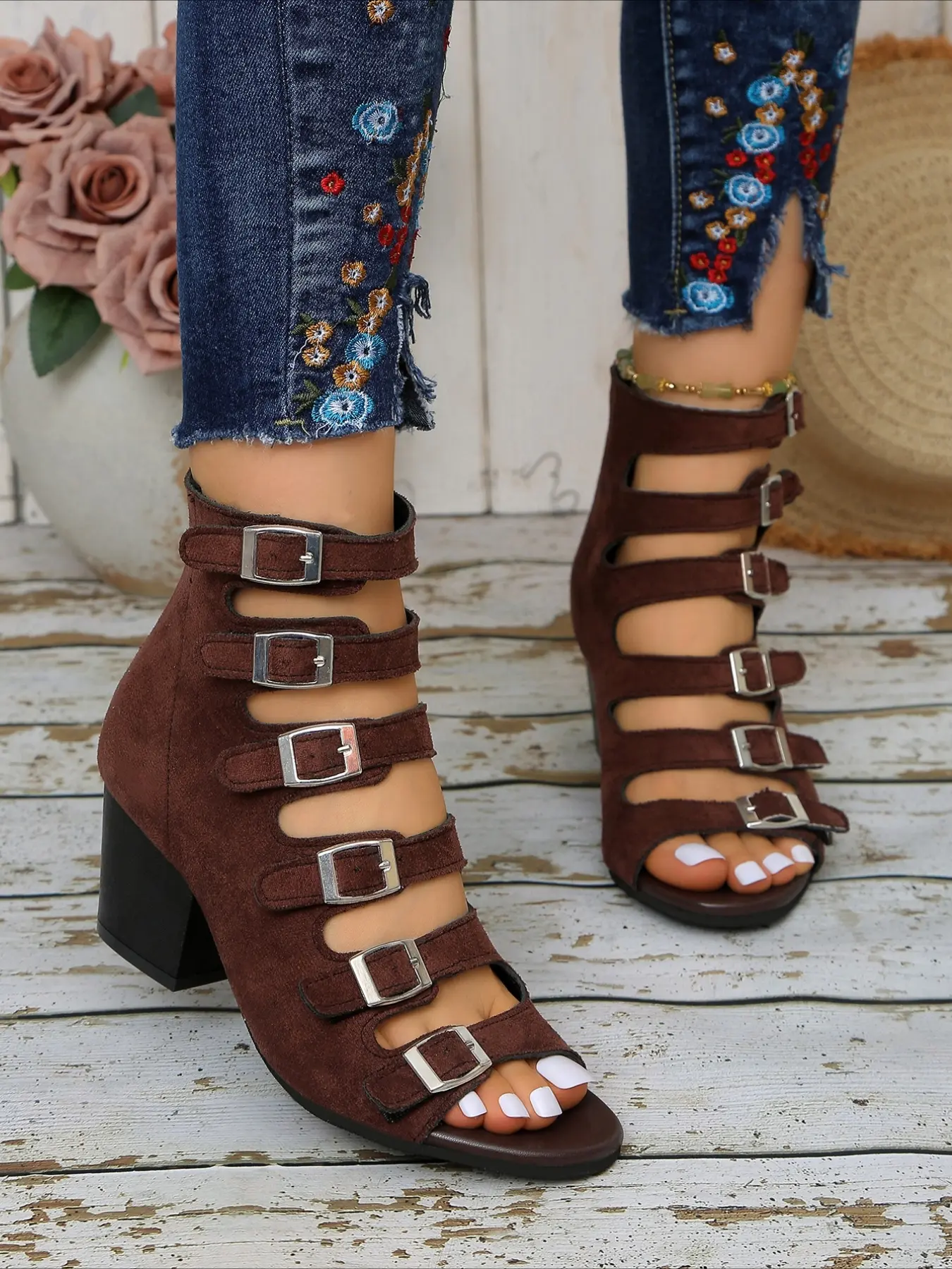 Multi-buckle block-heel gladiator Buckle Design sandals, vintage western style, 3 colors available, flattering on all skin tones.