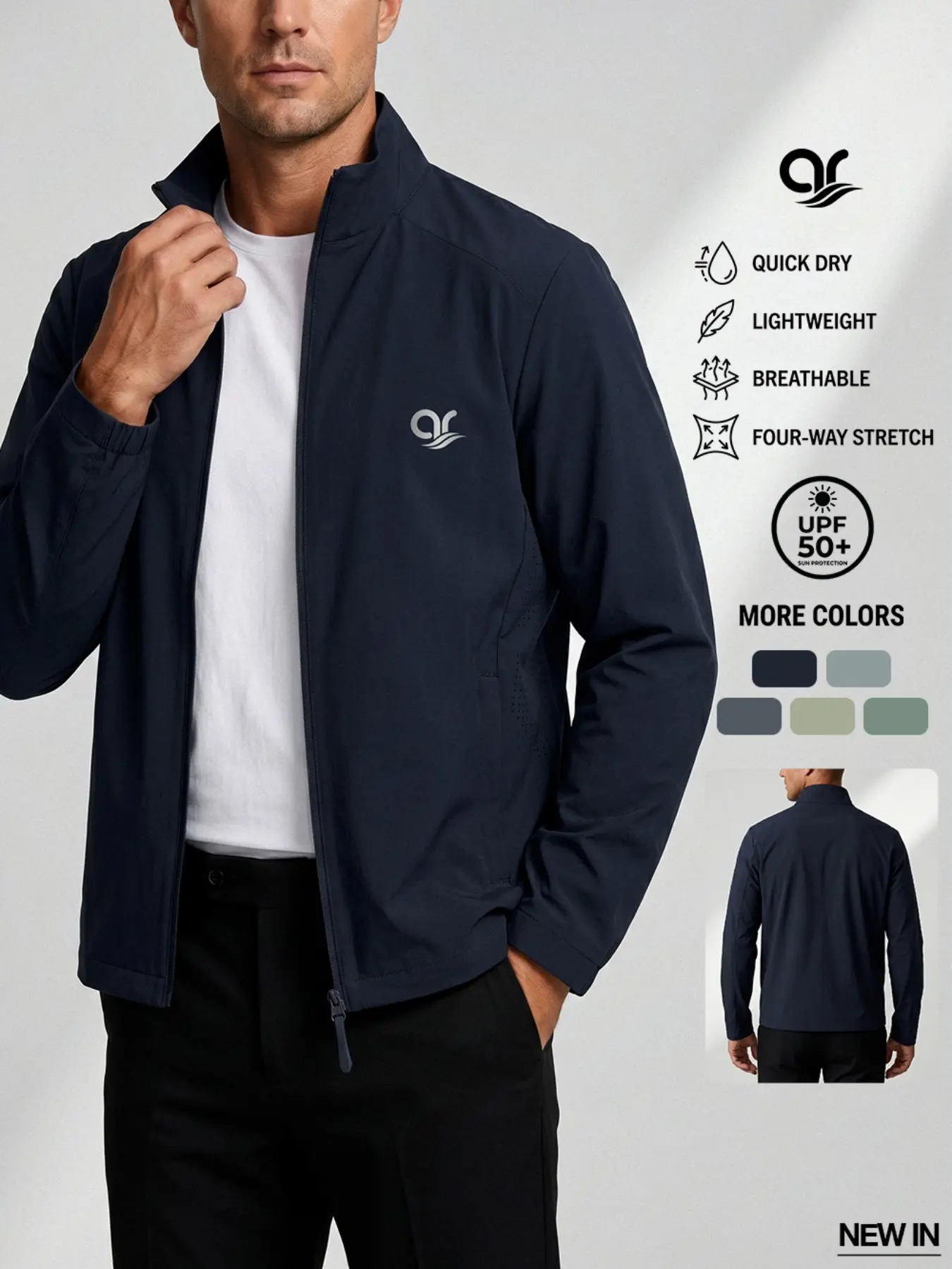 Ar Men's UPF 50+ Sun Protection Lightweight Jacket, Quick Dry Breathable Windbreaker with Laser-Cut Ventilation, Athletic Stand Collar Outerwear for Golf, Hiking, Travel & Urban Daily Wear
