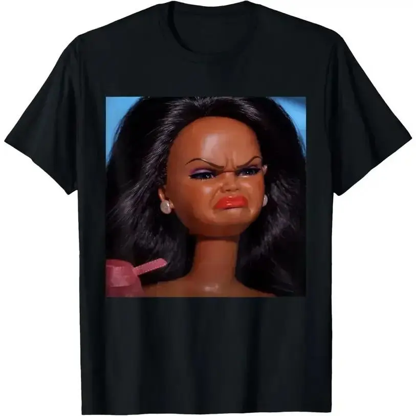 Men's Graphic T-Shirt with Funny Disgusted Doll Meme, Casual Round Neck Cotton Blend Shortsleeve Menswear for All Seasons, Doll Face Print, Funny Meme Art, Graphic Tee