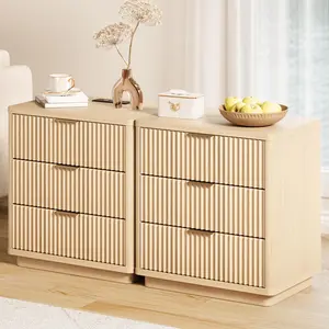 Nightstand Set of 2 with Charging Station - Fluted 3 Drawer Bedside Table, Light Wood, Modern End Table
