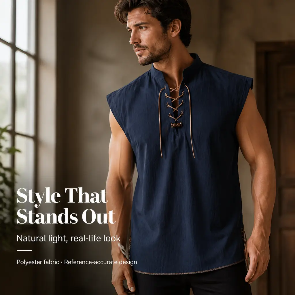 Men's Medieval Renaissance Sleeveless Lace‑Up Shirt, Stand Collar Polyester Vintage Vest Top, Navy Blue Retro Pirate Peasant Sleeveless Tunic for Halloween Cosplay, LARP, Renaissance Fair, Themed Party, Stage Performance