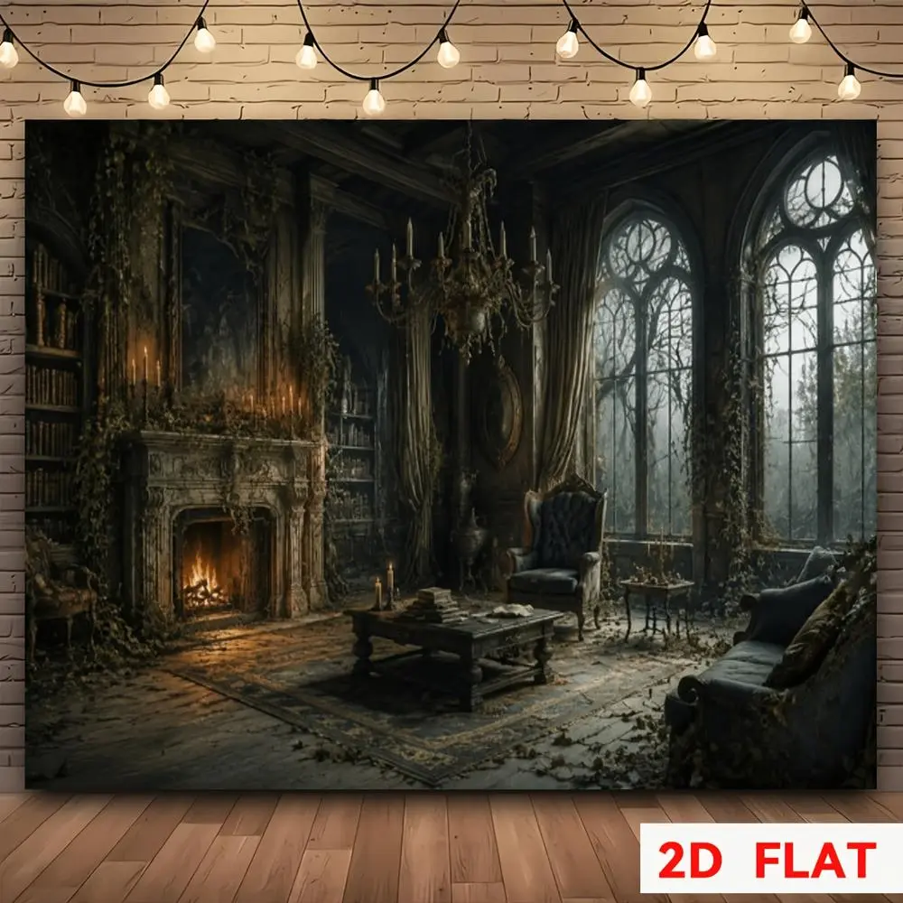 Vintage Glam Polyester Fabric Photography Backdrop Cloth, 2D Flat Banner with Abandoned Castle Gothic Interior Pattern, HD Digitally Printed, Lightweight Soft Foldable for Portrait Studio, Event Photos