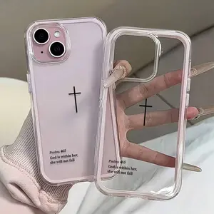 1pc Religious Mythological Figure Element Fashion Shockproof Dual-Layer Transparent Minimalist Pink Black Cross & Bible Verse Pattern Protective Phone Case With Pink Bumper Compatible With Iphone 11 12 13 14 15 16 17 Pro Max Birthday Gift Celebration