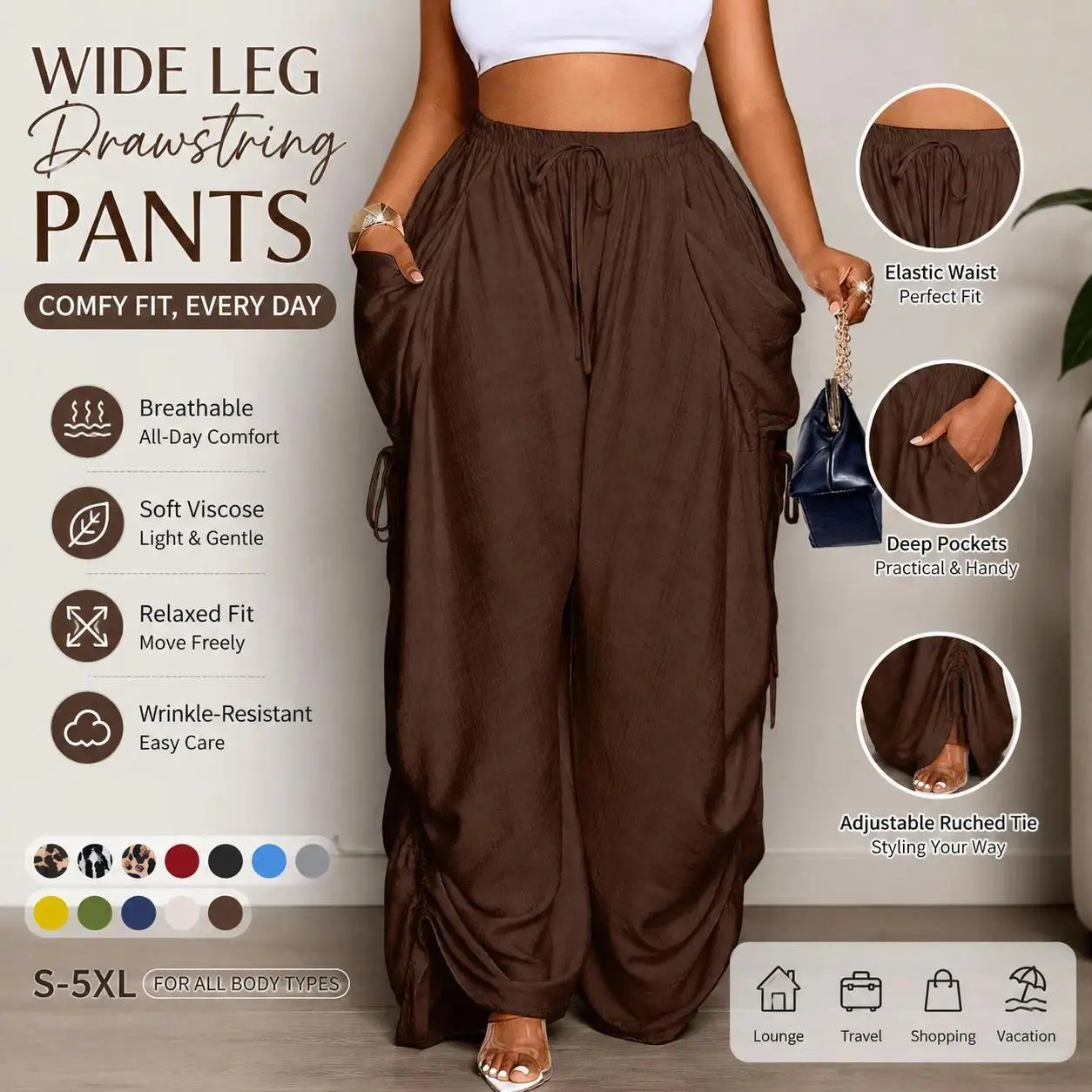 Women's Loose Drawstring Relaxed Wide Leg Pants - Viscose Year-Round Woven Fabric, Adjustable Plain Elastic Bottoms, Ideal for Daily Commute & Vacation, Breathable Plus Size Sports Bottoms