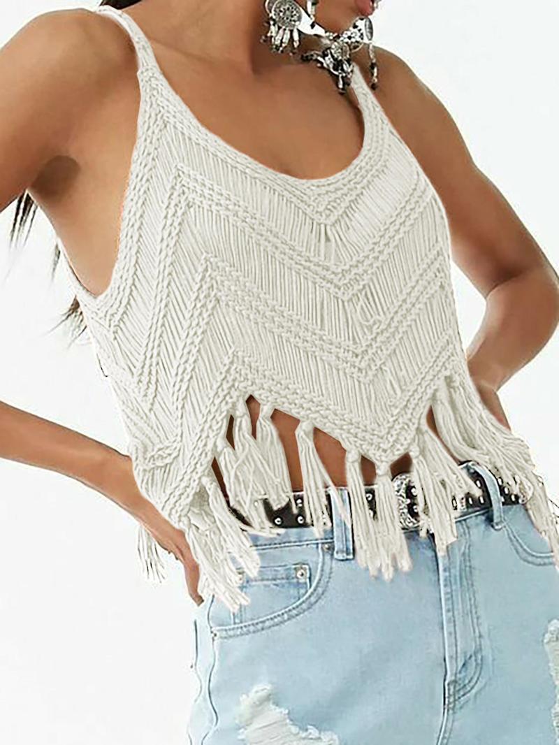 Women's Plain Fringe Trim Cami Top, Casual Fitted Sleeveless Top for Summer, Fashion Women's Knitwear for Daily Wear