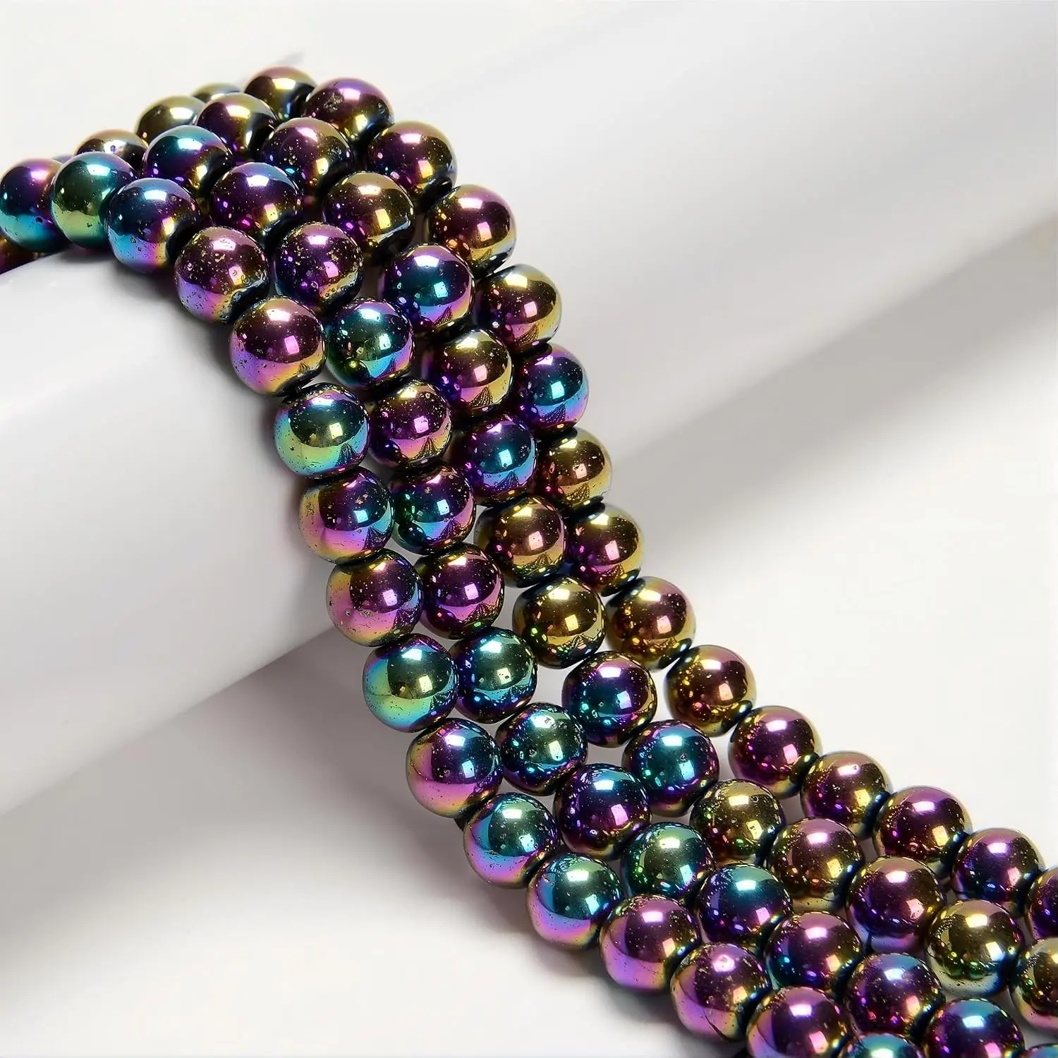 8mm Rainbow Hematite Smooth Round Stone Beads, 96-Count Iridescent Beads for DIY Beading Bracelets, Crafts Supplies (Toys & Hobbies, DIY Beading & Jewelry Making), Iridescence