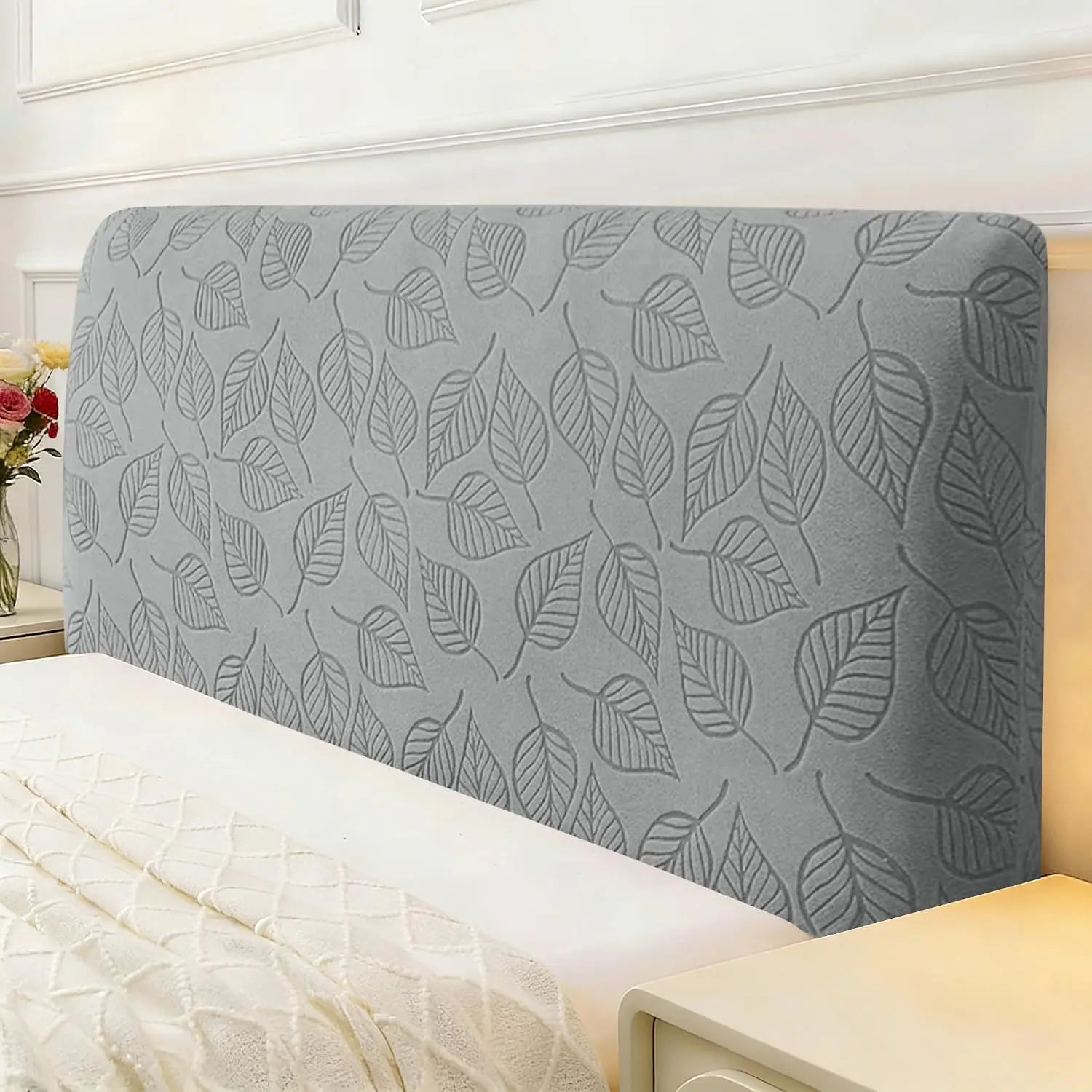 Stretch Bed Headboard Cover, Leaf Bed Headboard Slipcover Soft Dustproof Protector Cover for Bedroom Decor(Dark Gray, Queen:59")