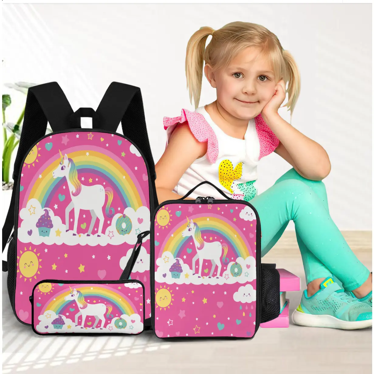 Unicorn Rainbow Backpack Lunch Bag Pen Case Set - Back-to-School Season Colorful Shoulder Bag - Girls' School Supplies Gift