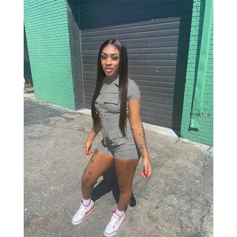 Streetwear Zipper Pockets Shorts Jumpsuit Women Clothing Short Sleeve Skinny Cargo Playsuit Summer Casual Pieces Romper