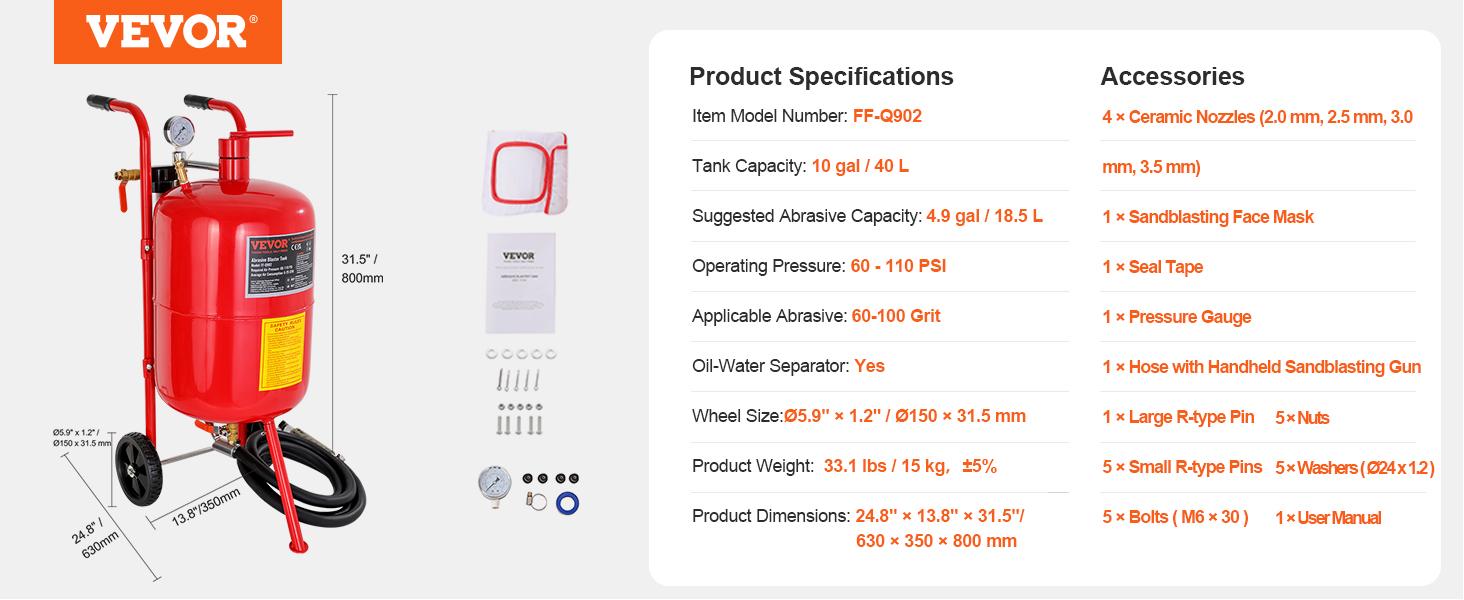 TikTokShopBlackFridaySand Blaster VEVOR 10Gal Pot Sandblaster, 125 Psi Pressure Sand Blasting Complete Kit for Paint, Stain, Rust Removal and Special Surface Treatment of Material