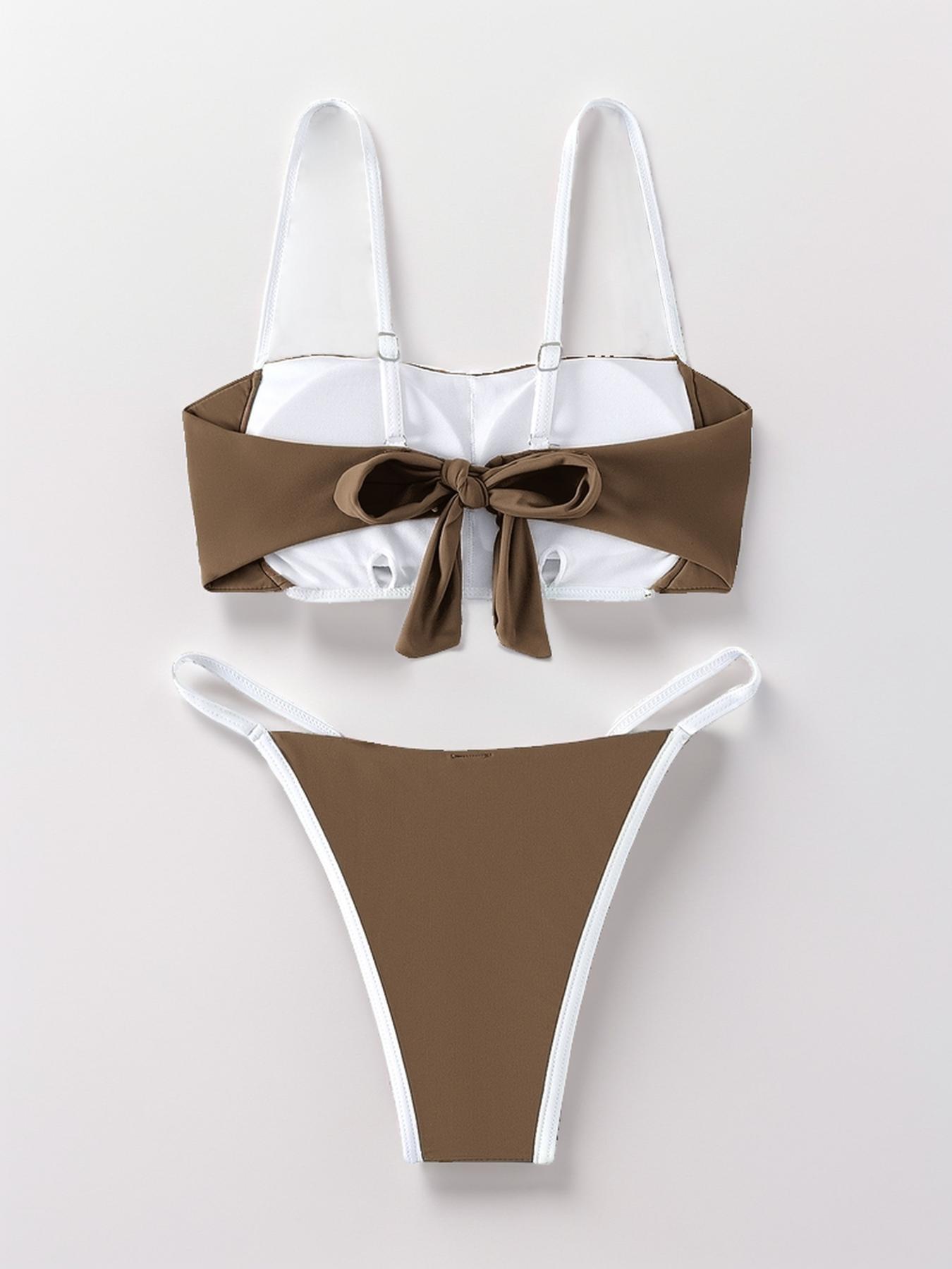 Two-piece Set Women's Contrast Binding Knot Back Bikini Set, Adjustable Strap Swim Top & Colorblock Thong Swimsuit Sets, Summer Bathing Suits, Swimsuit for Women, Women's Swimwear, Girly Clothes, Swimming Suit, Bikinis Set